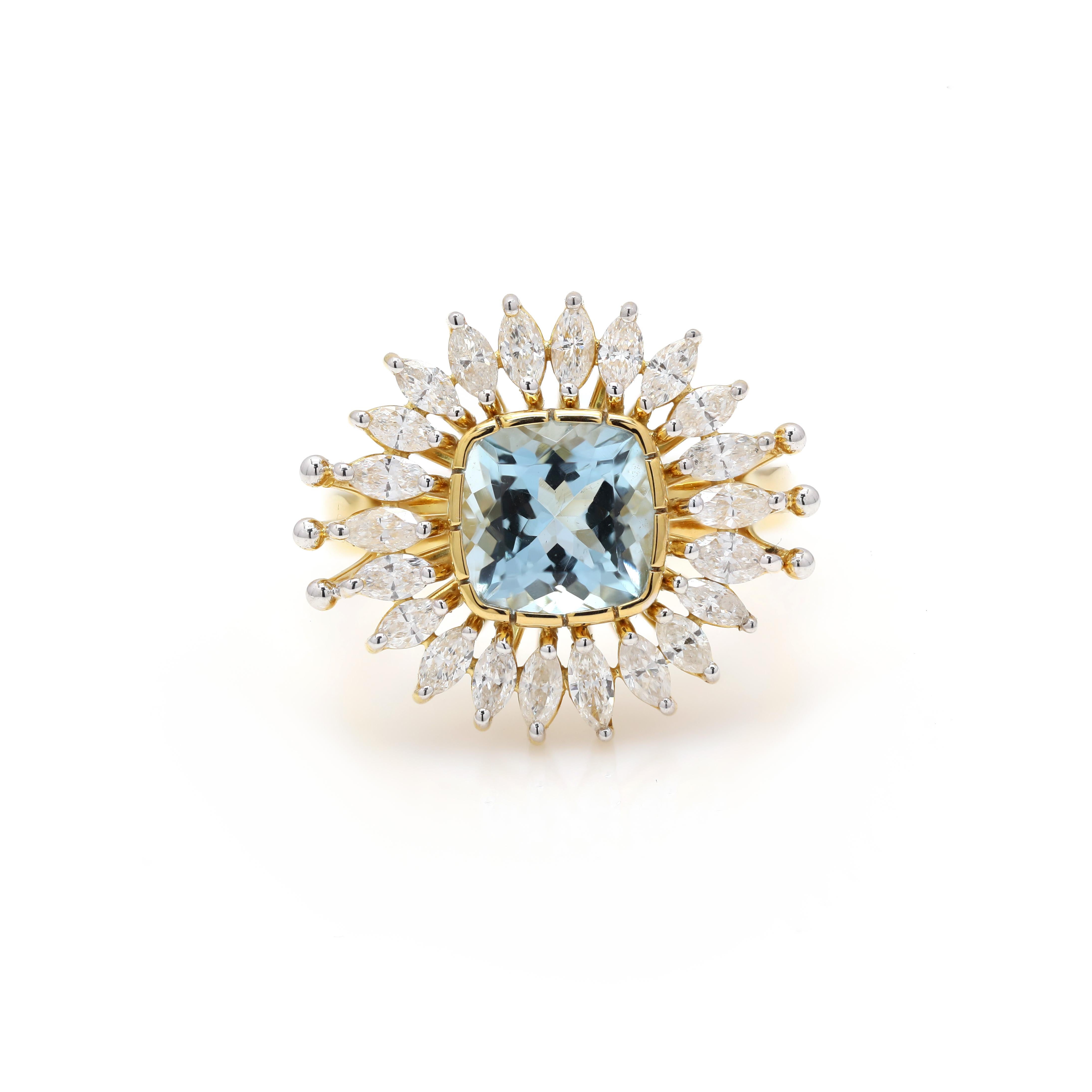 For Sale:   1.25 ct Diamond 3.6 ct Aquamarine Cocktail Ring in 18K Yellow Gold 3