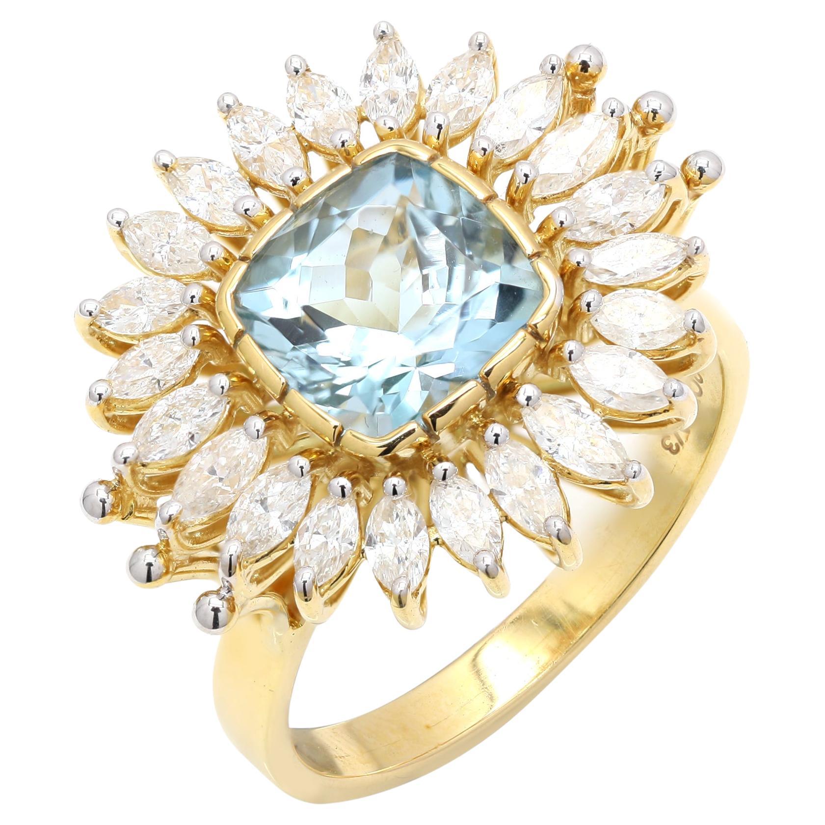  1,25 Karat Diamant  3,6 Karat Aquamarin Cocktail-Ring aus 18 Karat Gelbgold