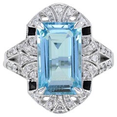 3.6 Ct. Aquamarine Onyx Diamond Art Deco Style Cocktail Ring in 14K White Gold