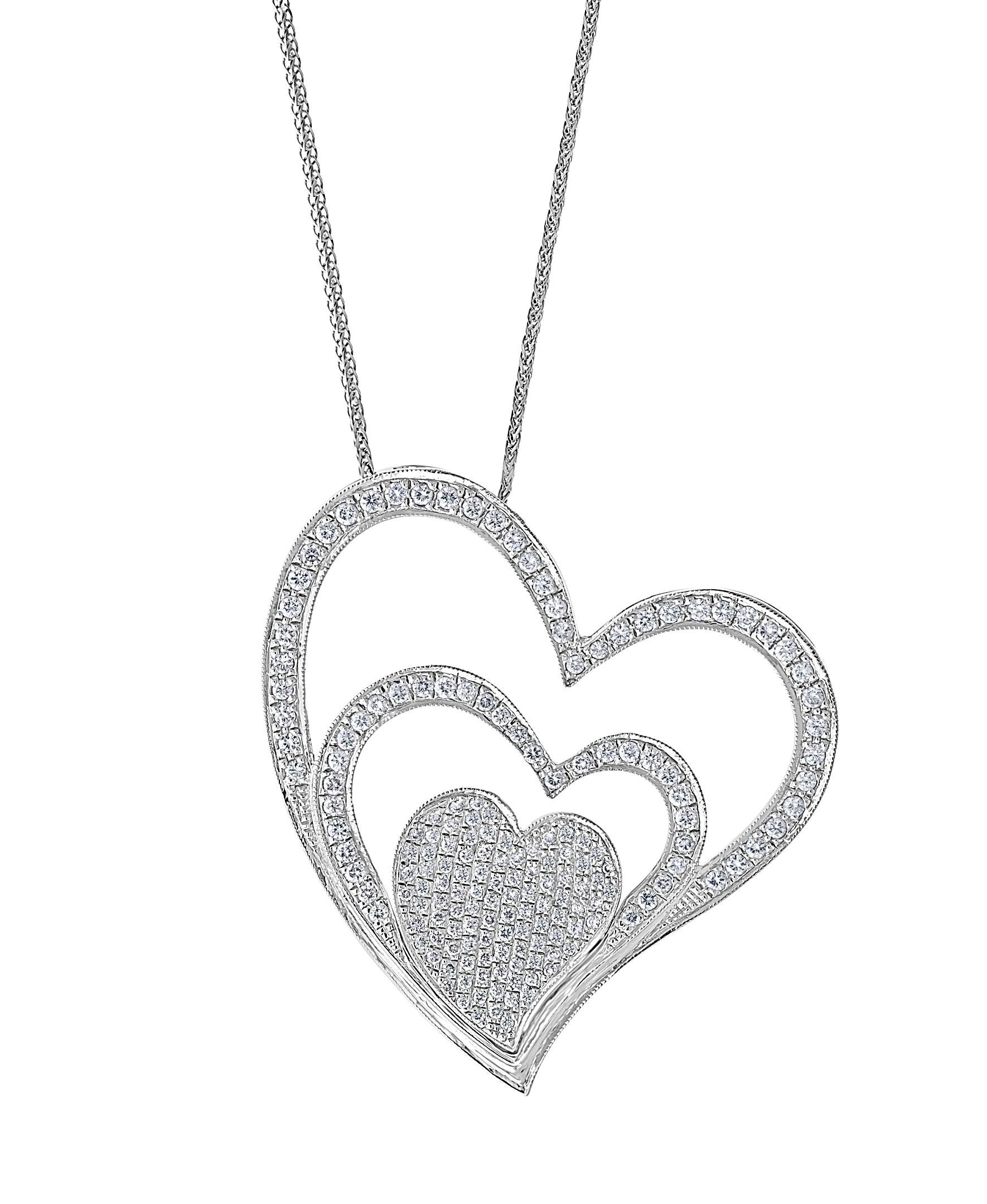 3.6 Ct Diamond 3 Heart Pendant or Necklace 18 K White Gold with 14 K Gold Chain 4