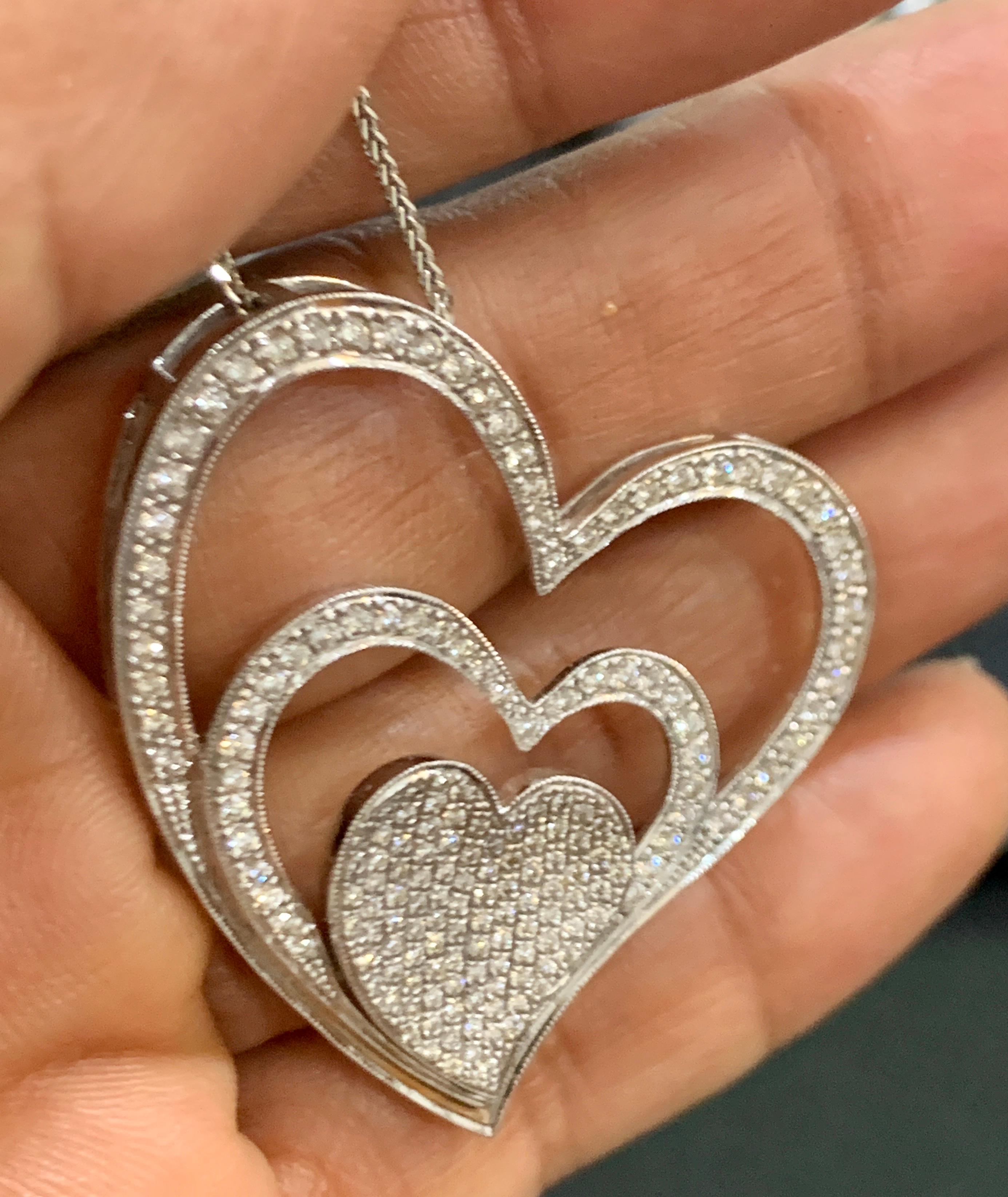 Women's 3.6 Ct Diamond 3 Heart Pendant or Necklace 18 K White Gold with 14 K Gold Chain