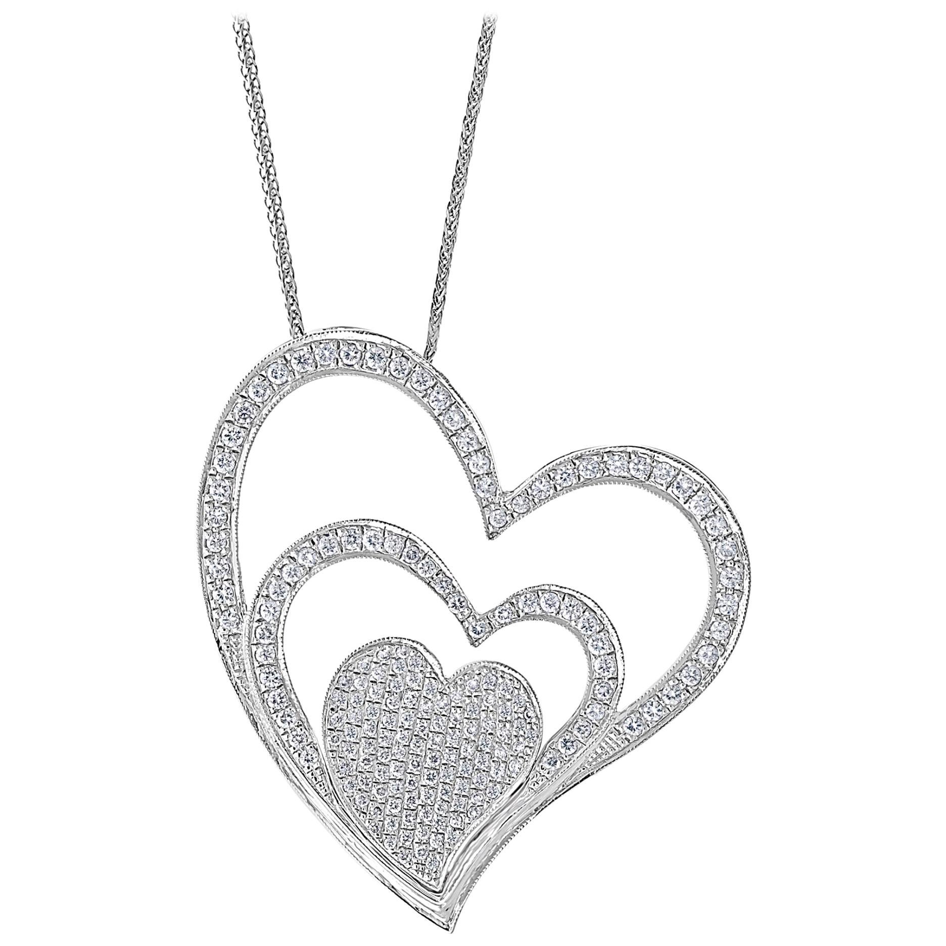 3.6 Ct Diamond 3 Heart Pendant or Necklace 18 K White Gold with 14 K Gold Chain