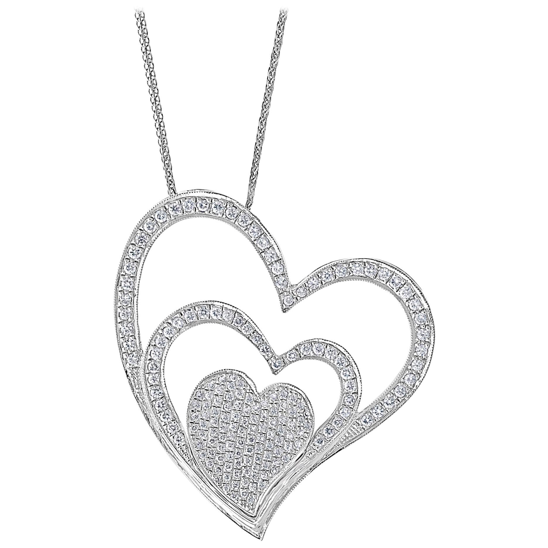 Colgante o Collar de 3 Corazones de Diamantes de 3,6 qt Oro Blanco de 18 K con Cadena de Oro de 14 K