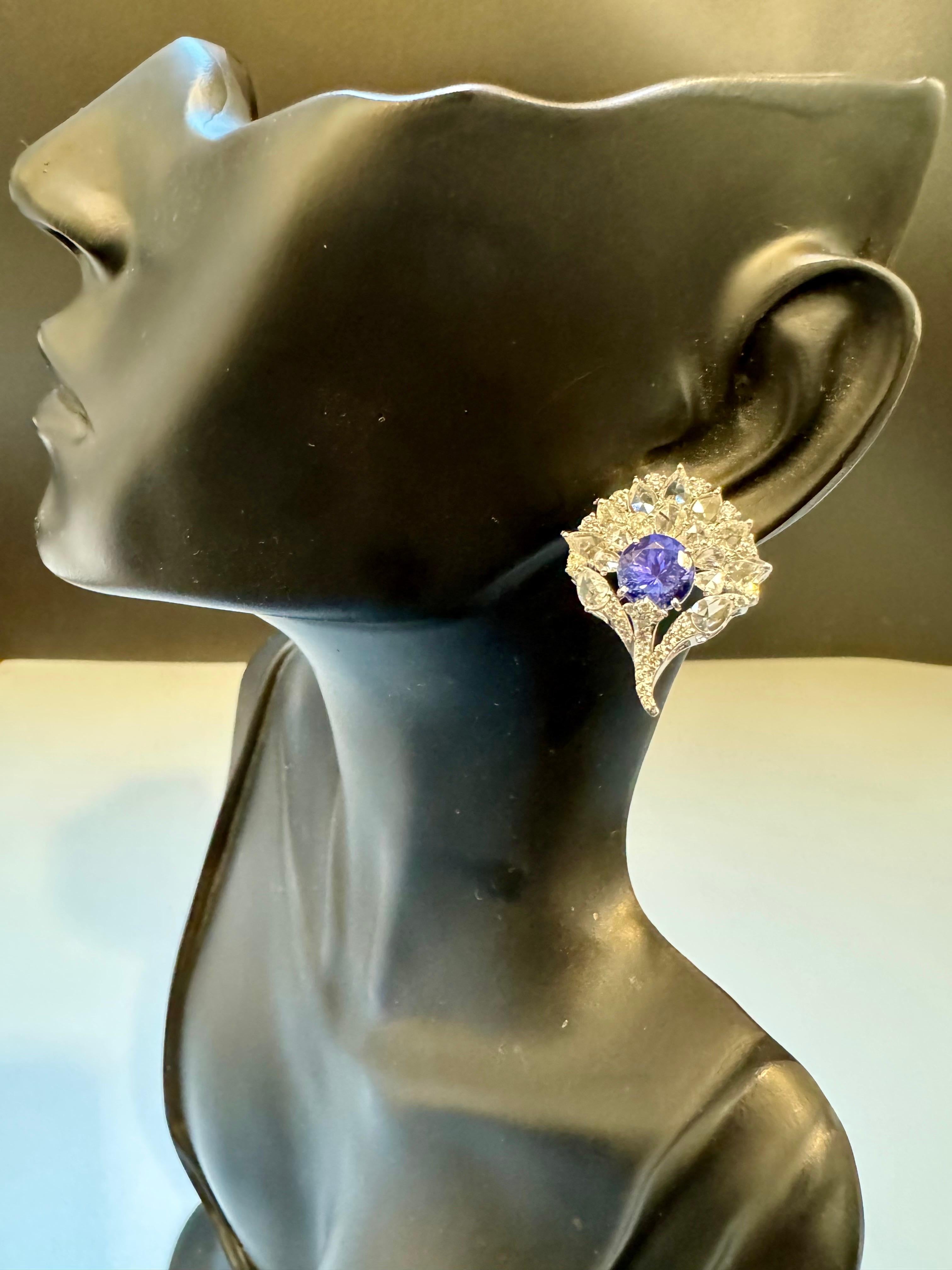 Round Cut 3.6 Ct  Round Tanzanite & 3.6 Ct Rose Cut Diamond Post Earrings in 18 Karat Gold For Sale