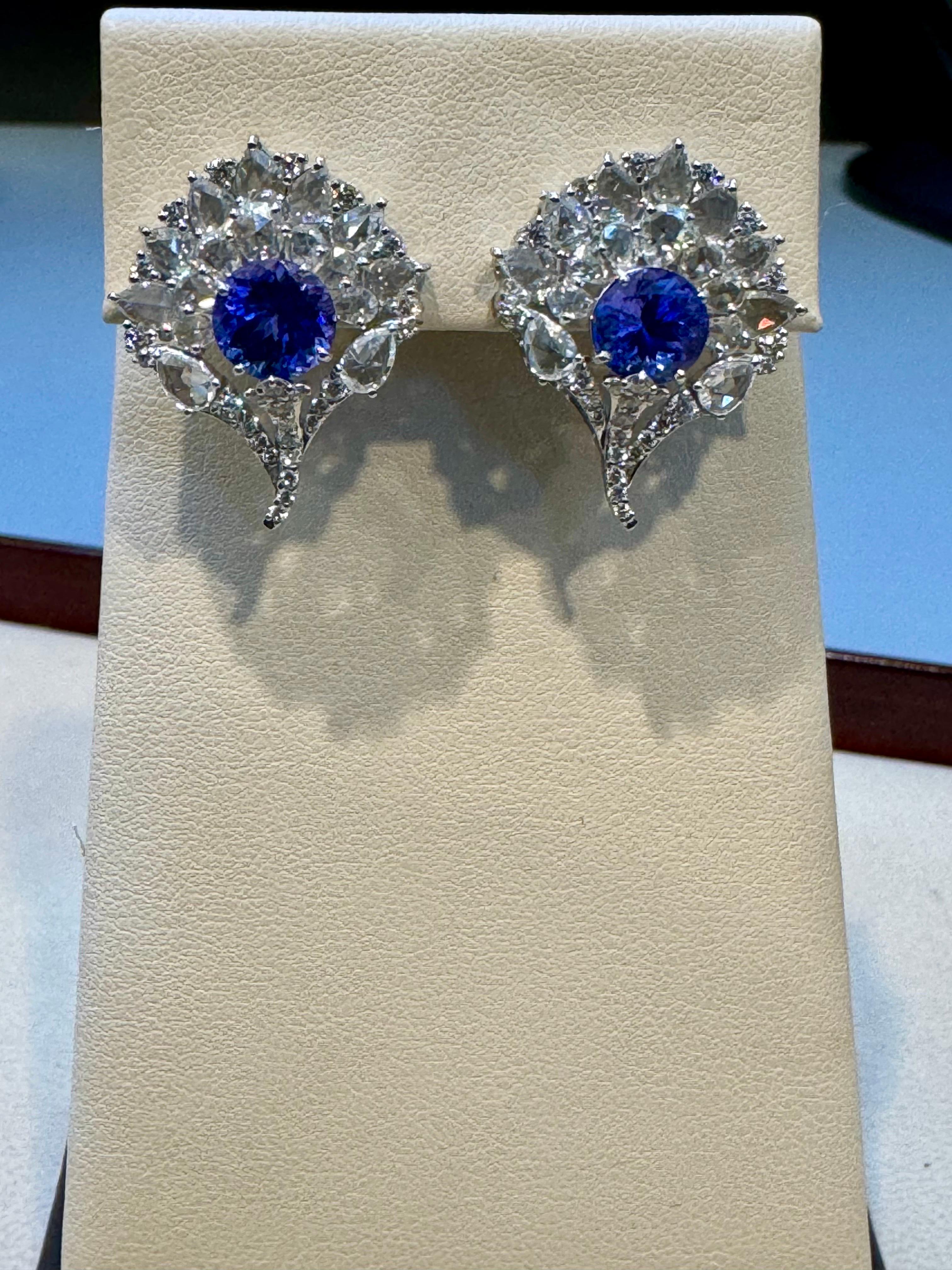 Women's 3.6 Ct  Round Tanzanite & 3.6 Ct Rose Cut Diamond Post Earrings in 18 Karat Gold For Sale