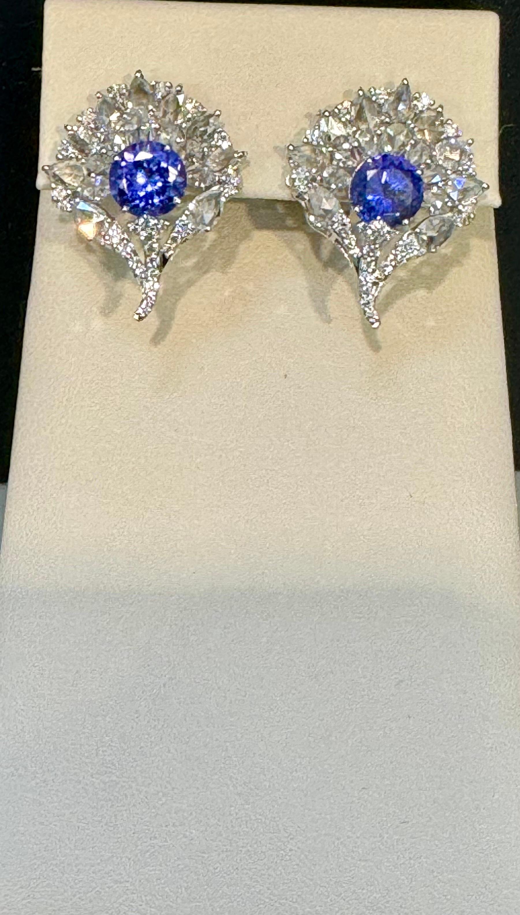 3.6 Ct  Round Tanzanite & 3.6 Ct Rose Cut Diamond Post Earrings in 18 Karat Gold For Sale 4