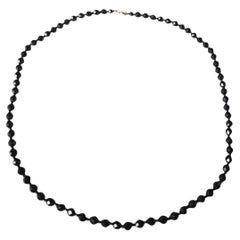 36" Czech Bohemian Black Faceted Glass Bead Long Flapper Strand Necklace, 1930s