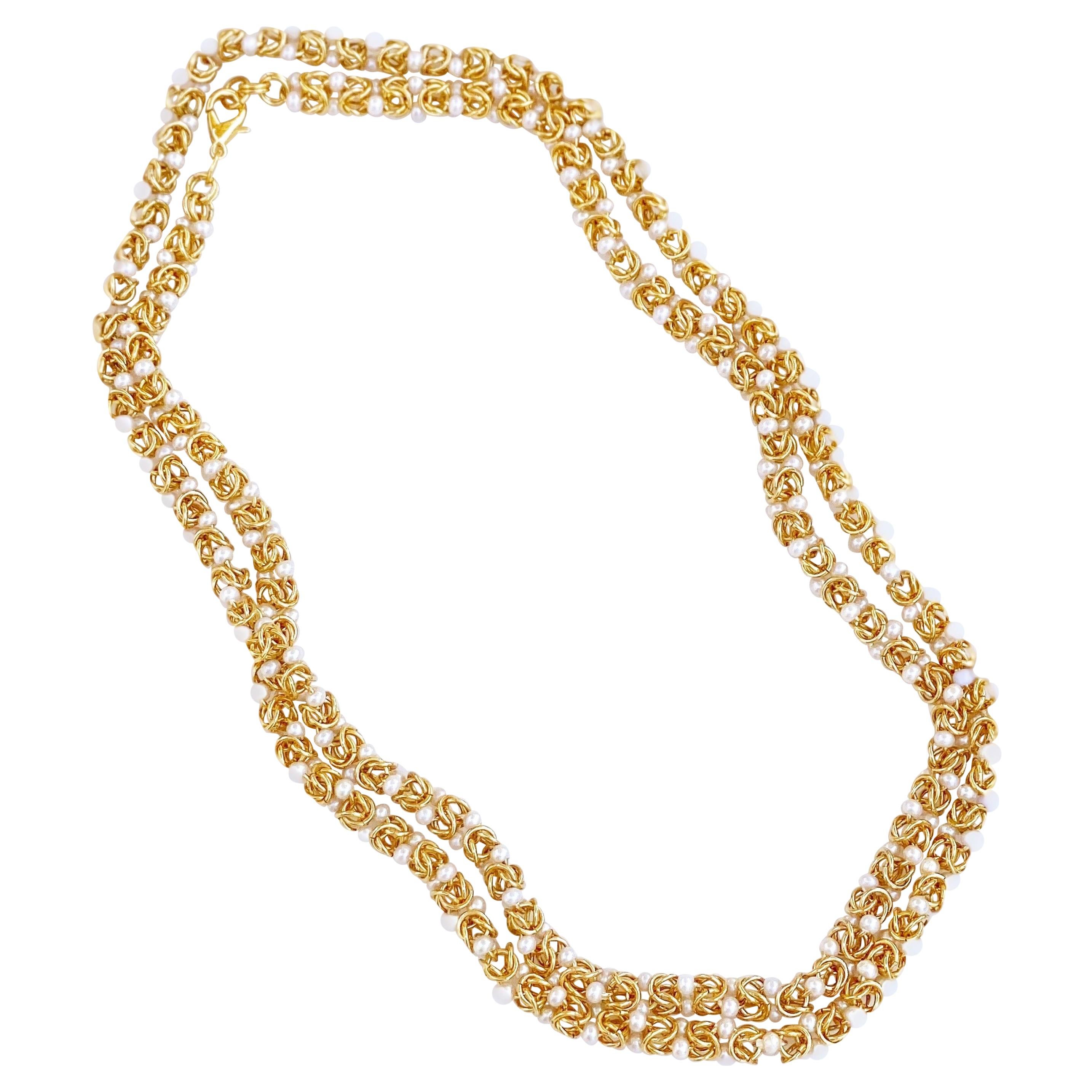 36" Gold Byzantine Chain Necklace With Woven Pearls, 1980s