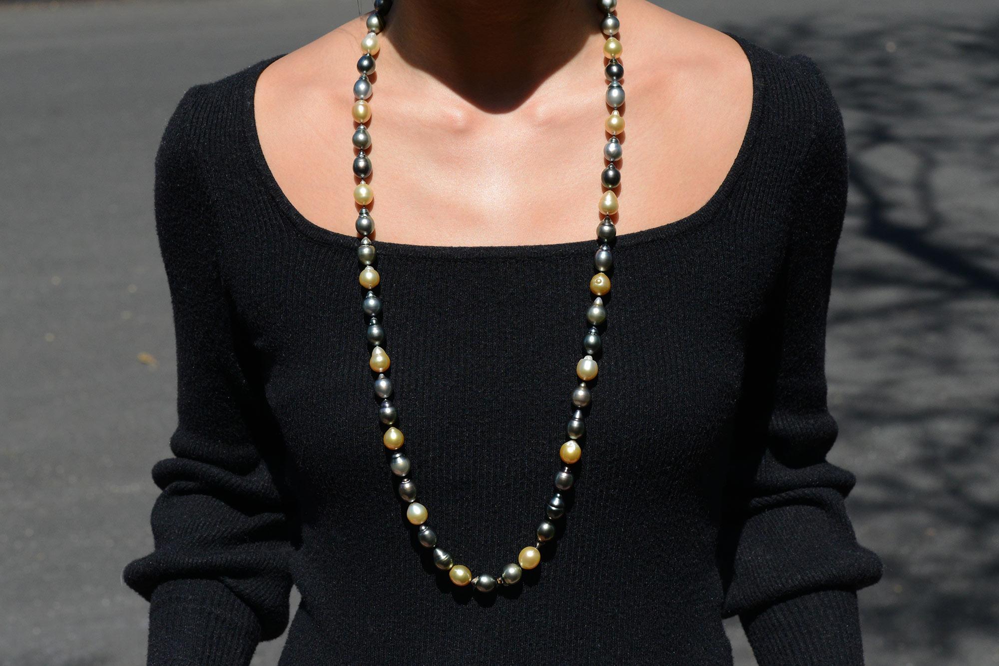 A magnificent opera length multi-color pearl strand exhibiting numerous Tahitian and South Sea pearls. The Tahitian pearls of varying shades of black, from pistachio to peacock have an incredible orient and they pair wonderfully with the beaming