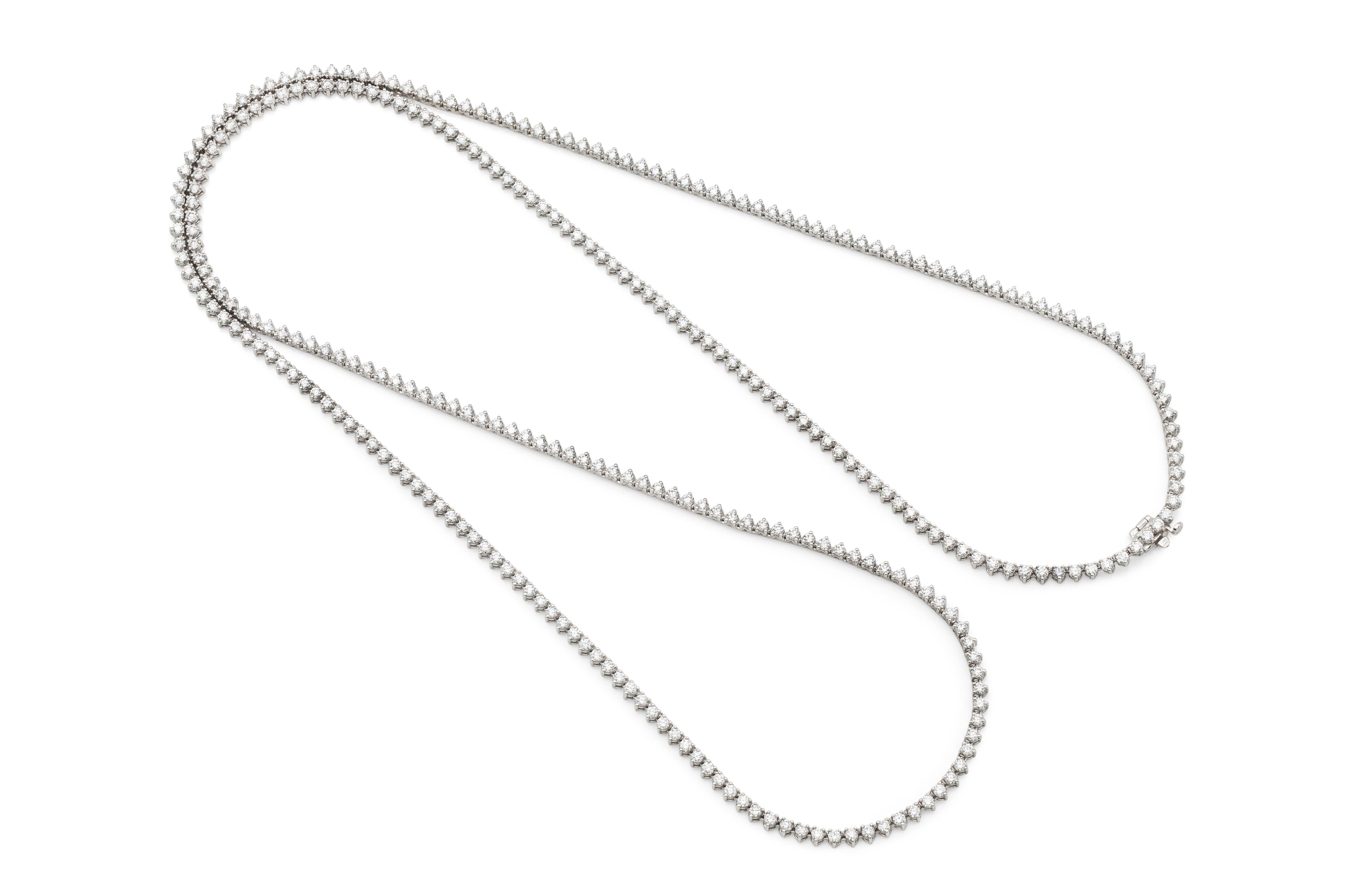 Handmade 18K White Gold 36 inch Opera Necklace with 298 Round Brilliant Cut Diamonds D color VVS1 clarity Dtw. 14.76 carat.

Viewing available in the NYC office by appointment only. 