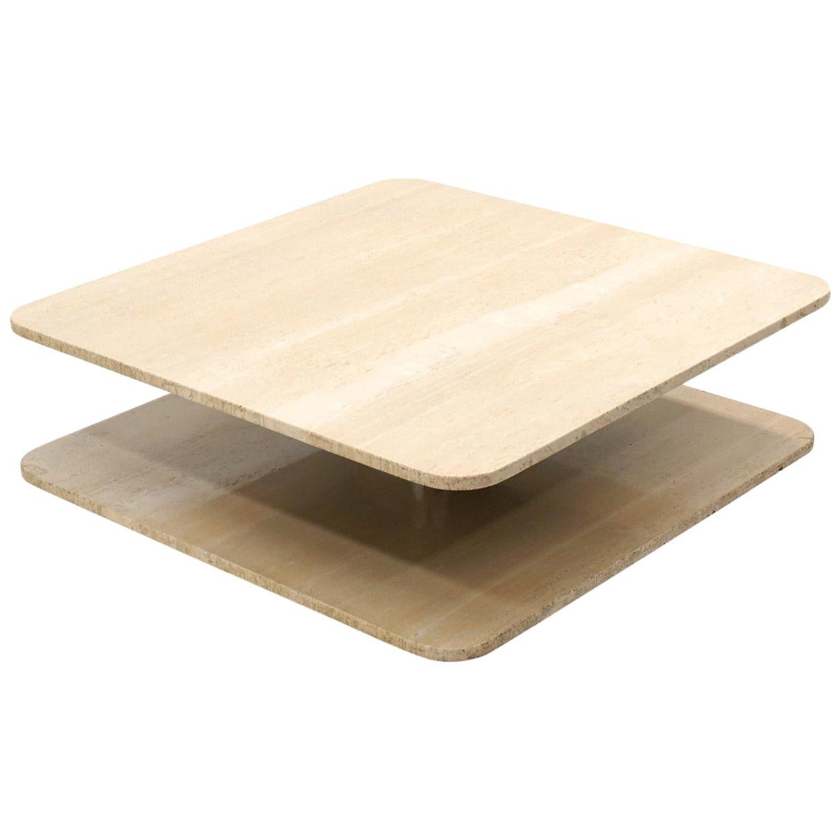 Square Travertine and Chrome Coffee Table For Sale