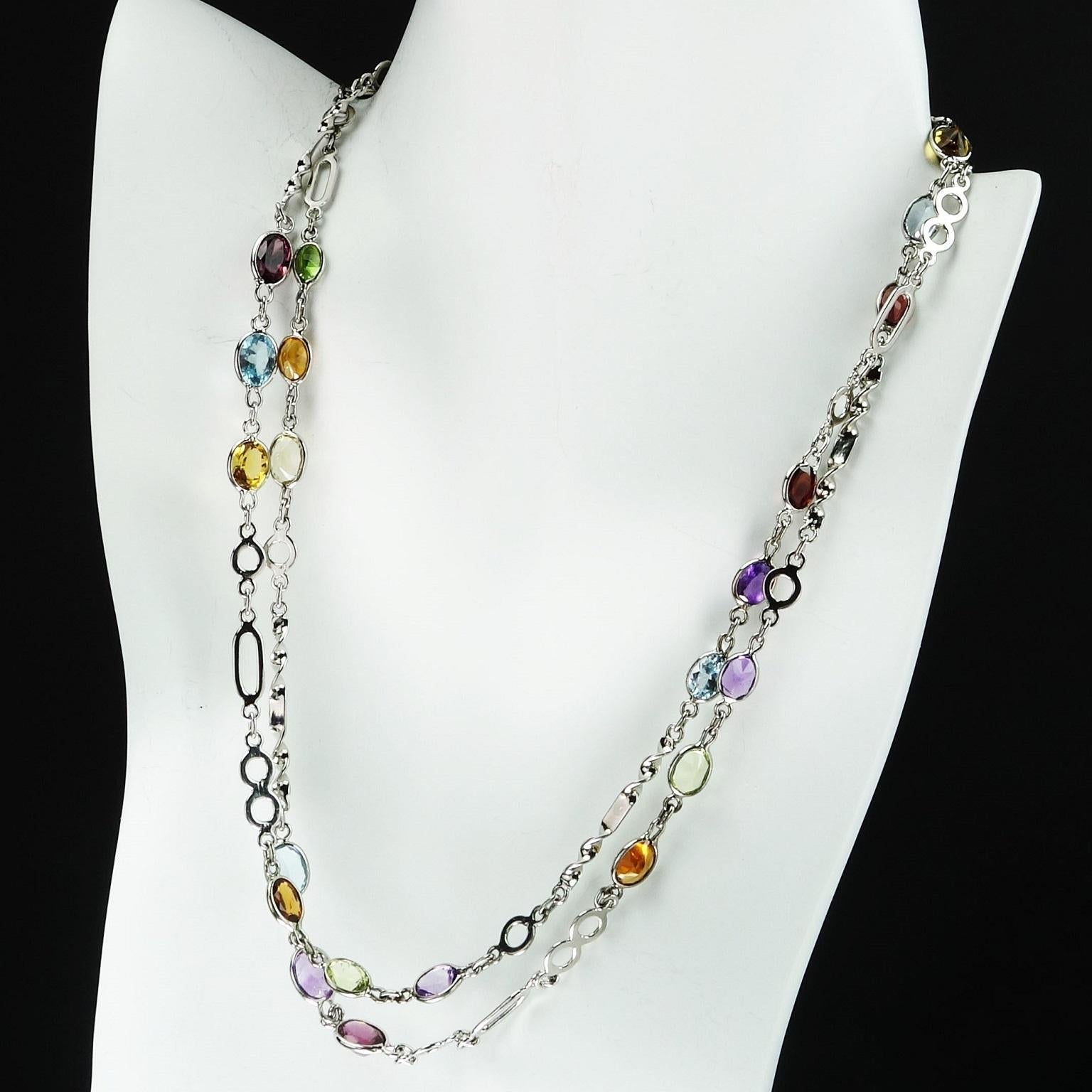 Artist Gemjunky Sterling Silver Chain with Oval Gemstones Necklace