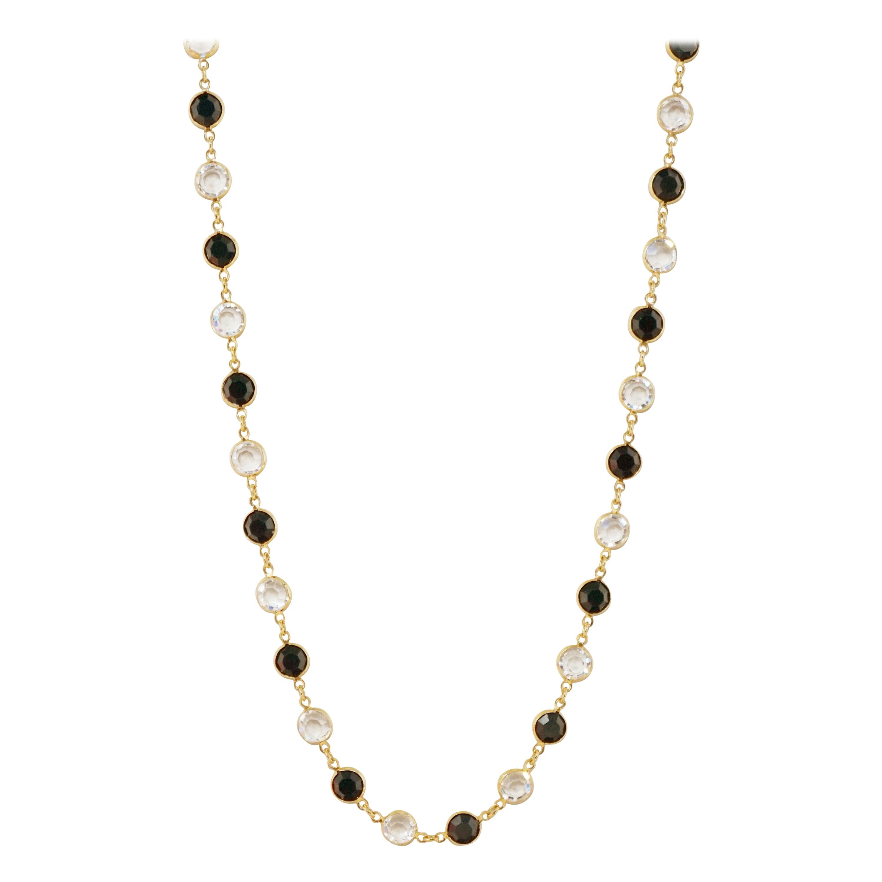 36" Onyx & Clear Swarovski Crystal Gold Bezel Station Necklace by Swarovski, 80s For Sale
