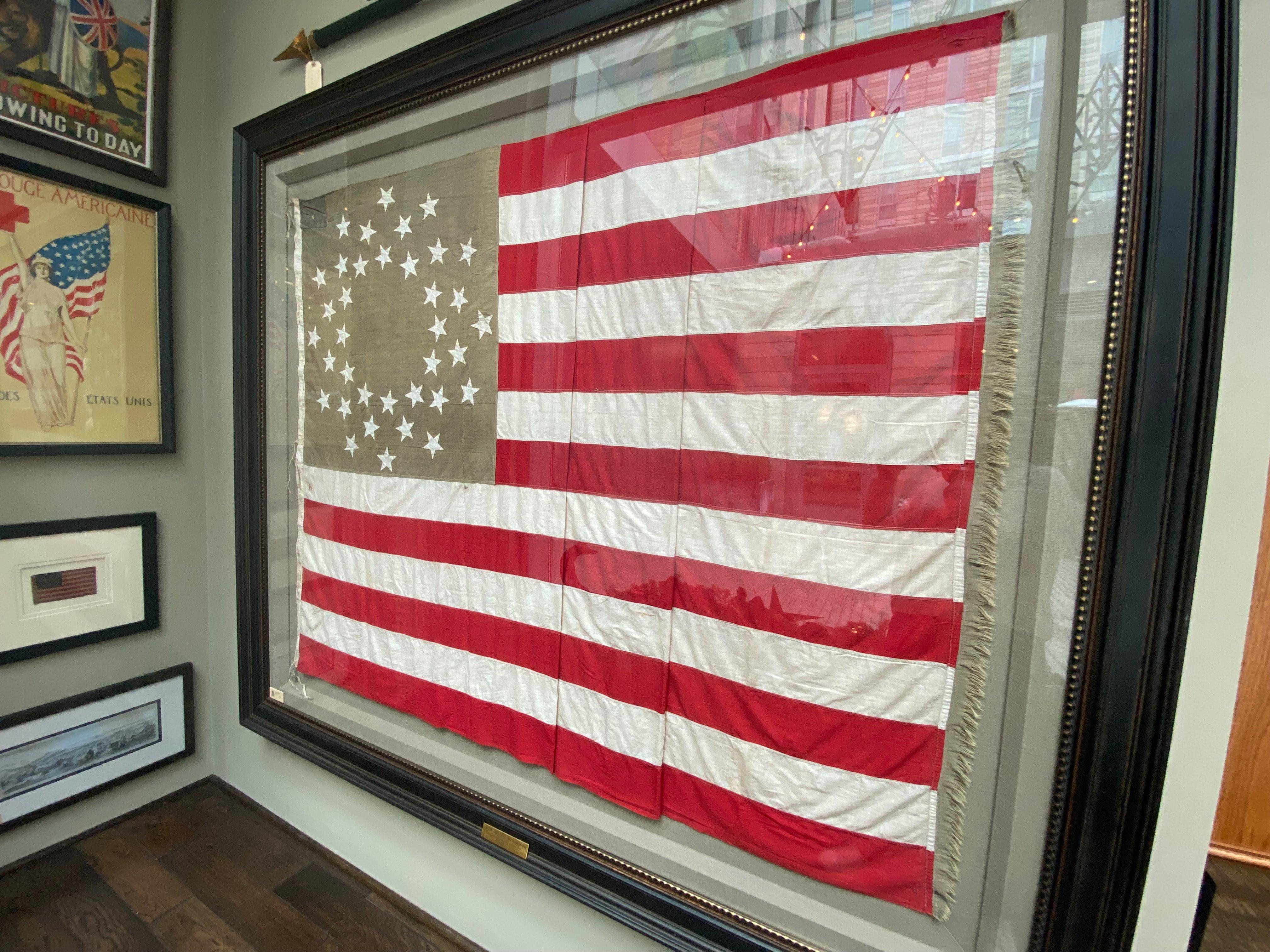 36-Star American Flag, Hand-Cut and Sewn, Civil War Era with Rare Pattern In Good Condition In Colorado Springs, CO