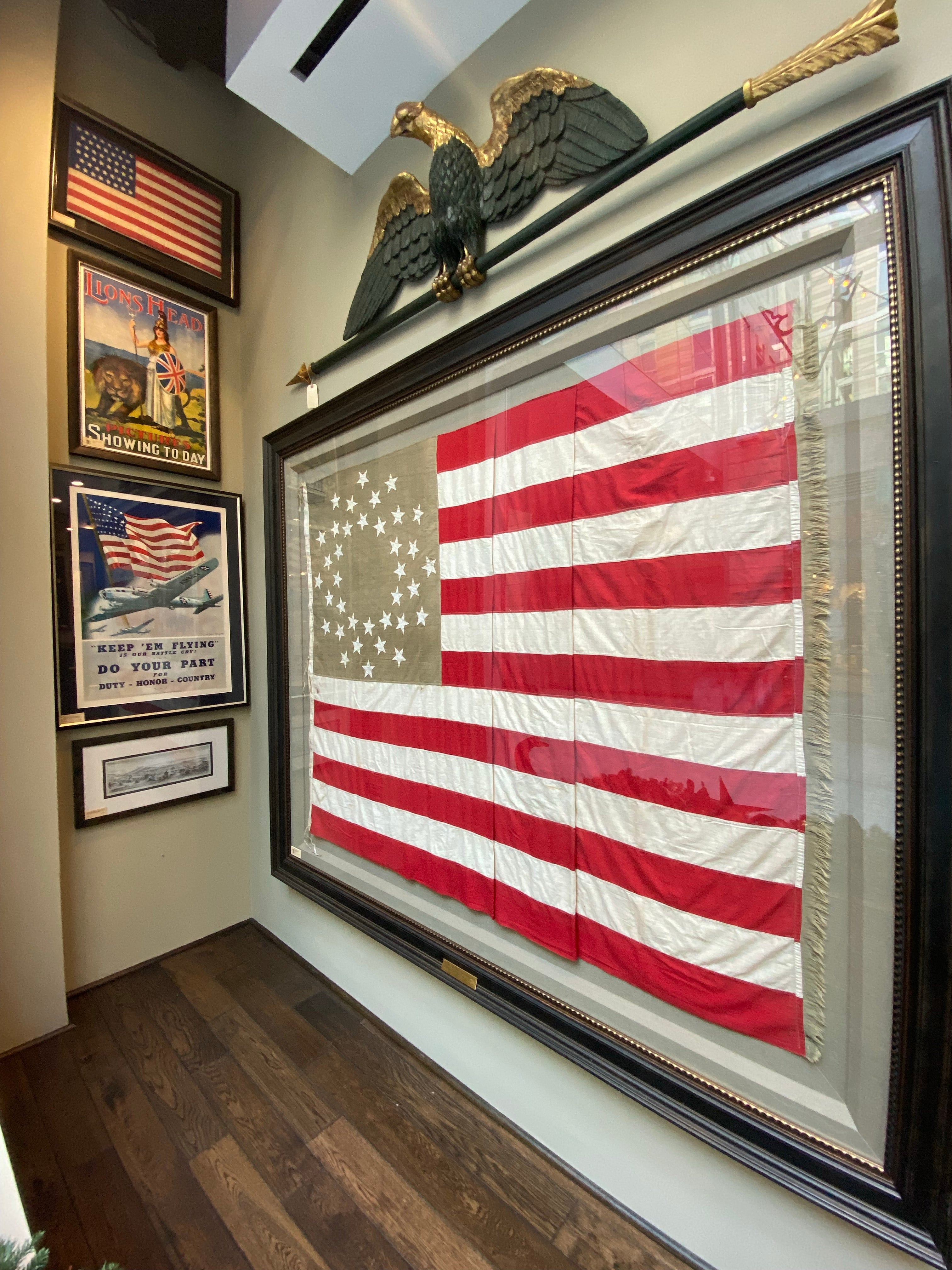 36-Star American Flag, Hand-Cut and Sewn, Civil War Era with Rare Pattern