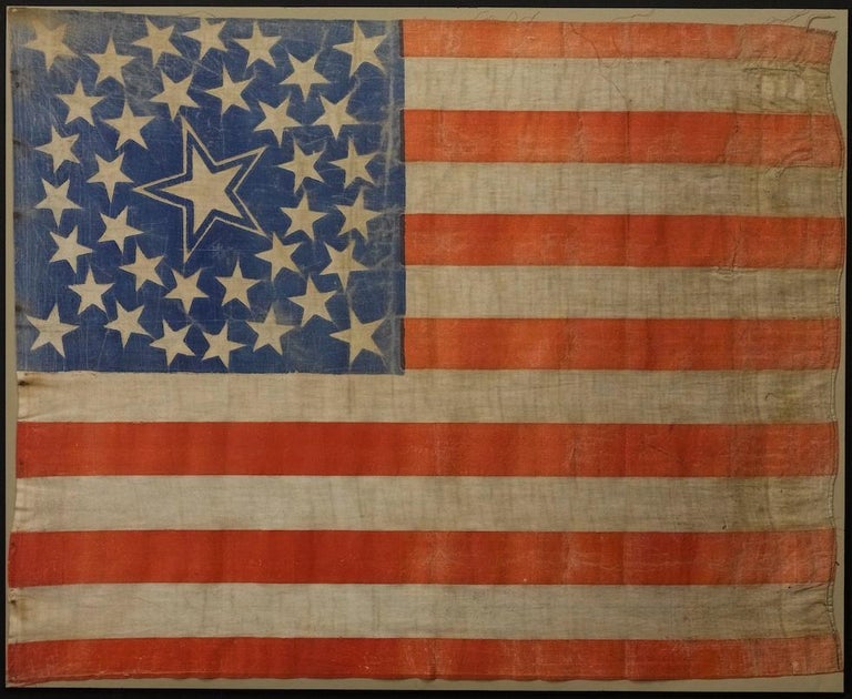Mid-19th Century 36-Star Antique American Flag with Rare Haloed Star Medallion, circa 1865