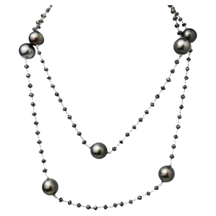 Collana da 36" con perle di Tahiti e diamanti neri naturali (38,00ct) in oro bianco 14K
