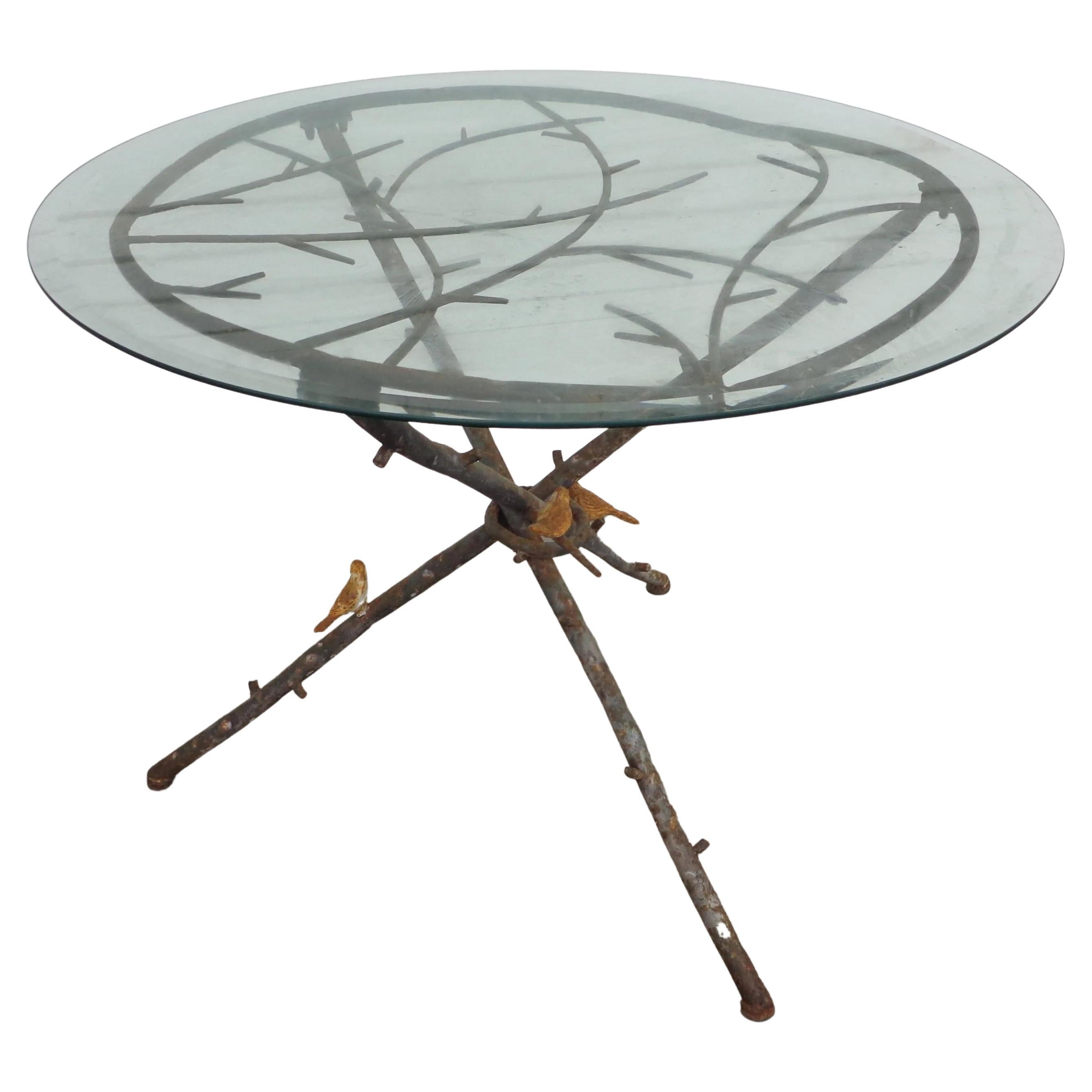 36? Vintage Figurative Giacometti Style Metal Faux Bois and Glass Dining Garden Patio Table

Charming faux bois base with tiny bird insets. Hand forged metal.

Measures: 36? width x 36? depth x 28.75? height

Can be shipped without glass for