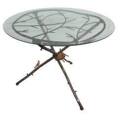 Vintage Figurative Giacometti Style Metal Faux Bois and Glass Dining Table