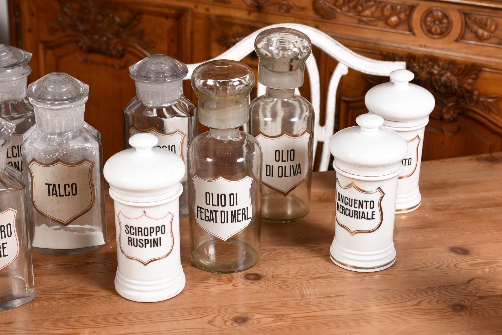 36 Vintage Italian Glass or Porcelain Pharmacy Jars with Labels, Sold Each For Sale 6