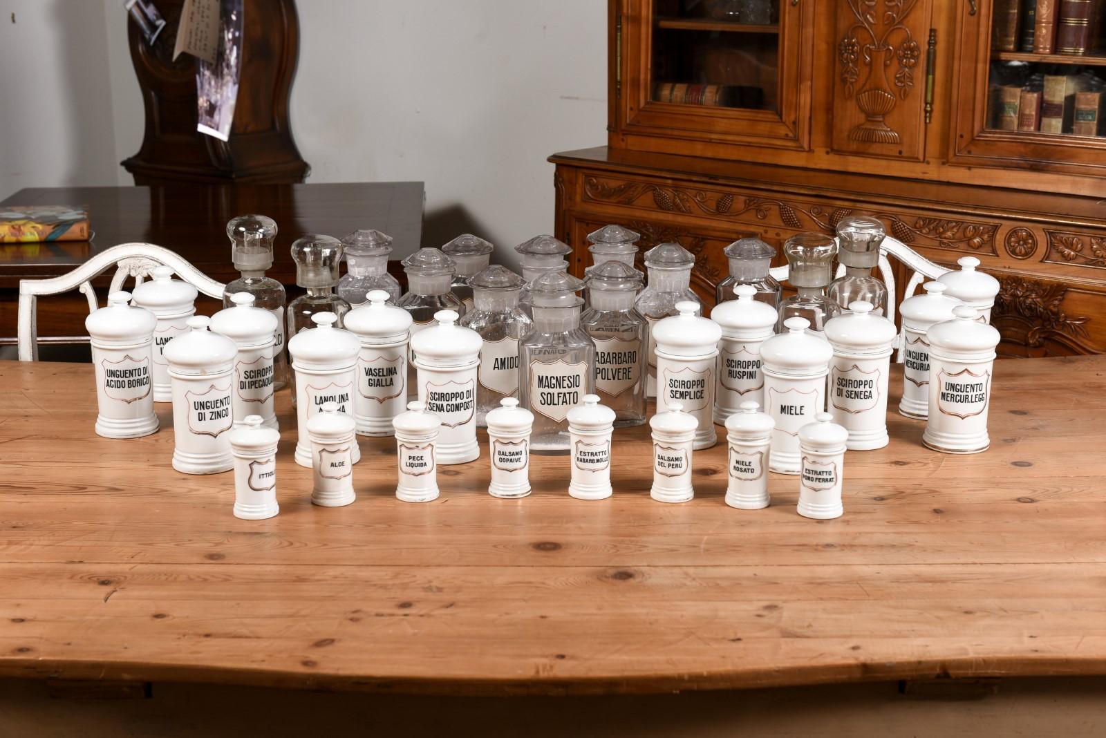 36 Vintage Italian Glass or Porcelain Pharmacy Jars with Labels, Sold Each In Good Condition For Sale In Atlanta, GA