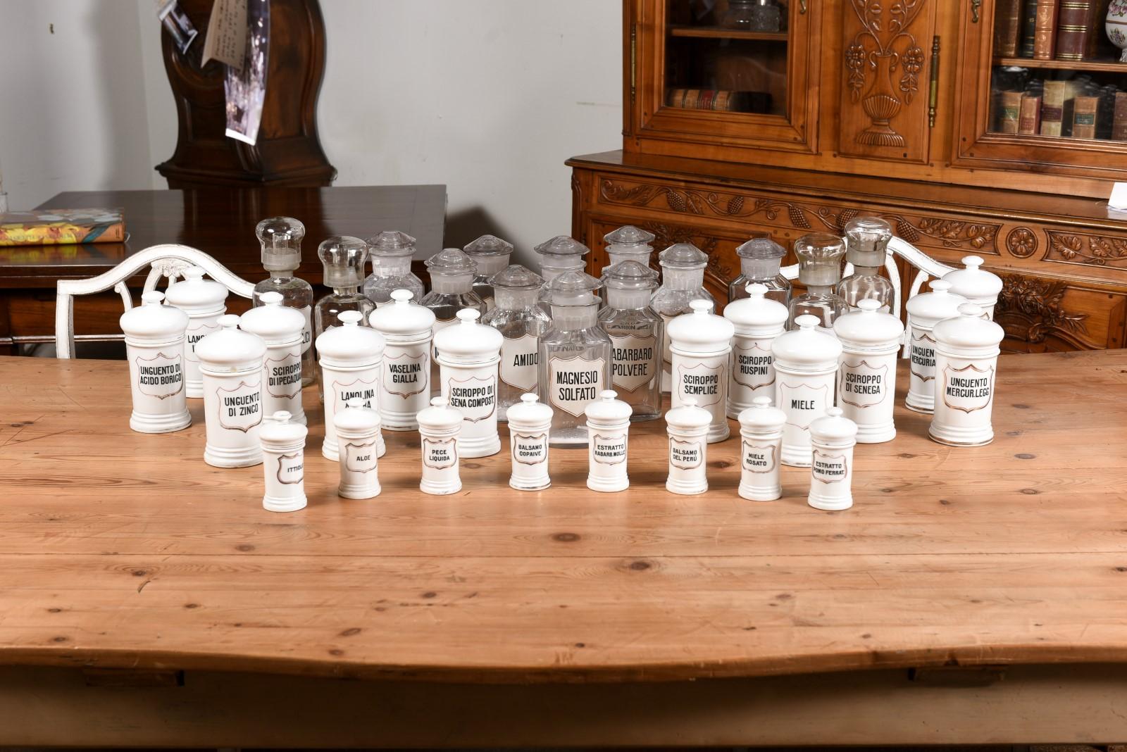 20th Century 36 Vintage Italian Glass or Porcelain Pharmacy Jars with Labels, Sold Each For Sale
