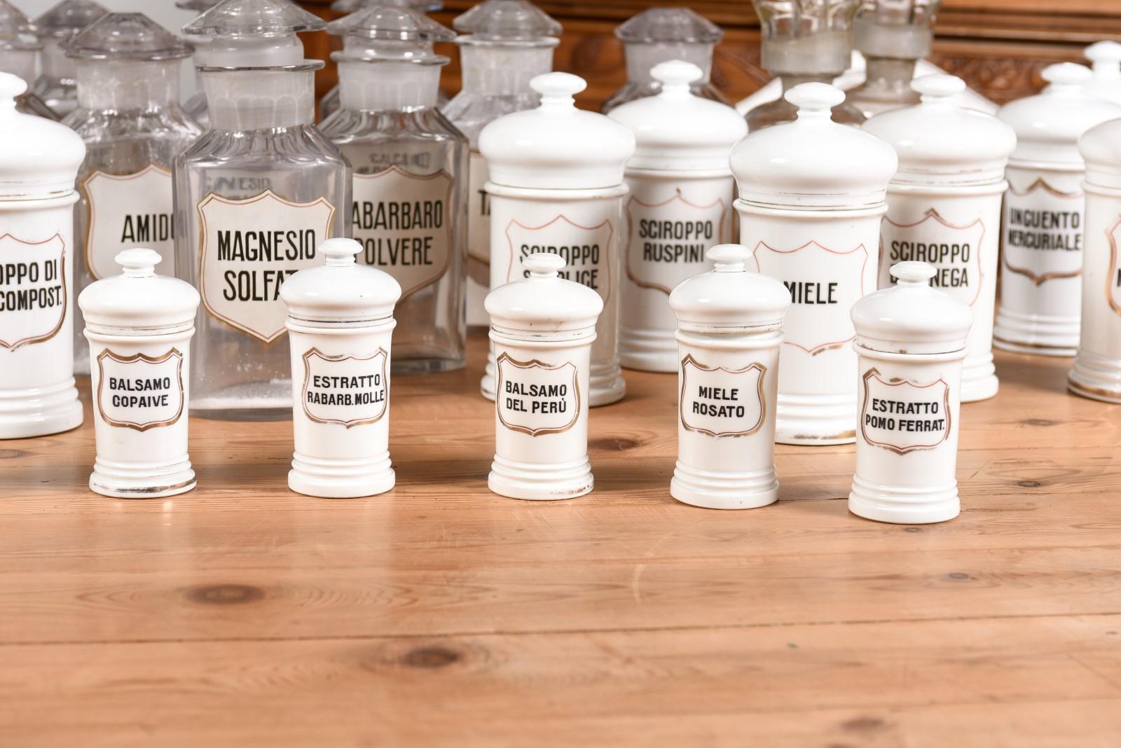 36 Vintage Italian Glass or Porcelain Pharmacy Jars with Labels, Sold Each For Sale 2