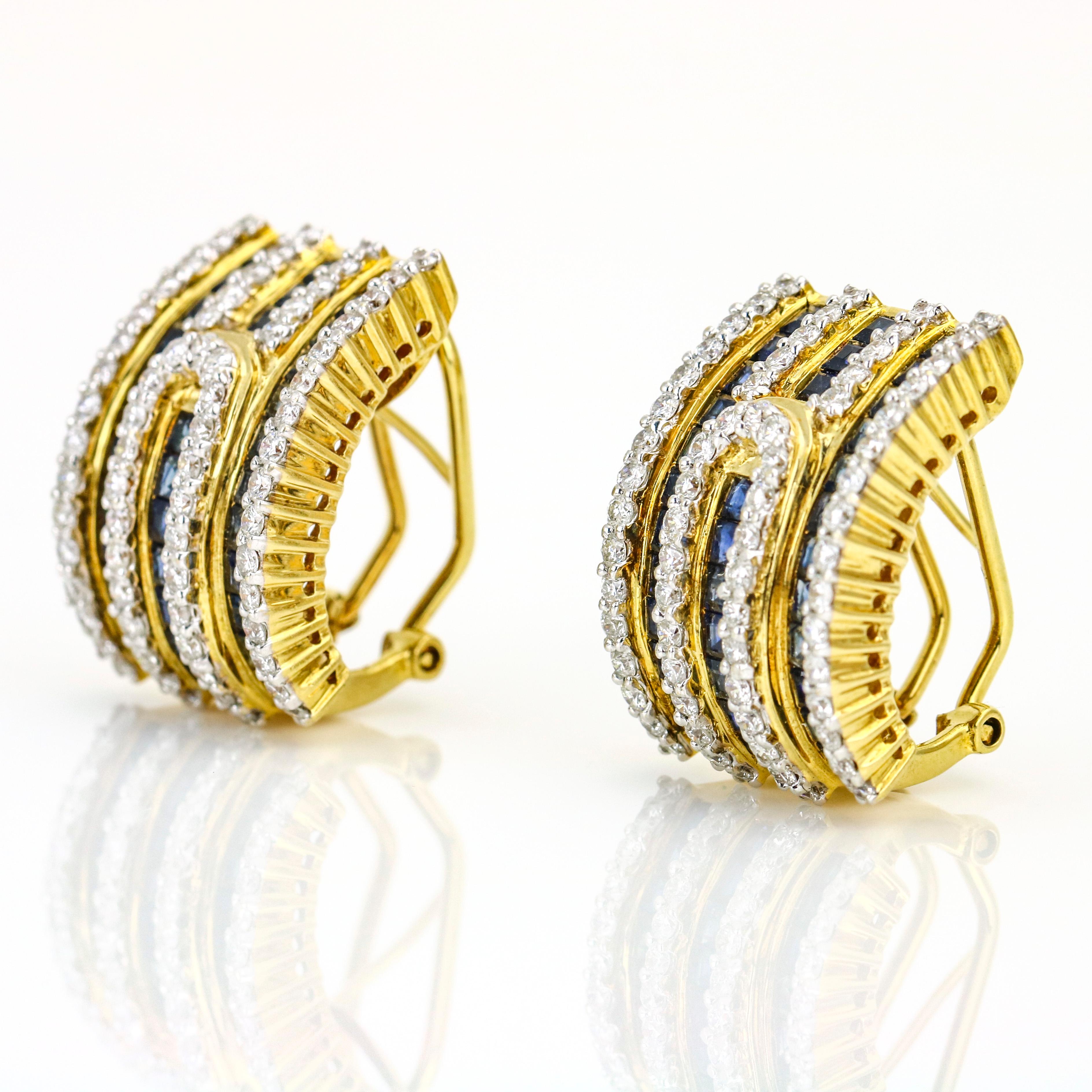 Retro 3.60 Carat 18 Karat Gold Diamond Sapphire Half-Hoop Earrings For Sale