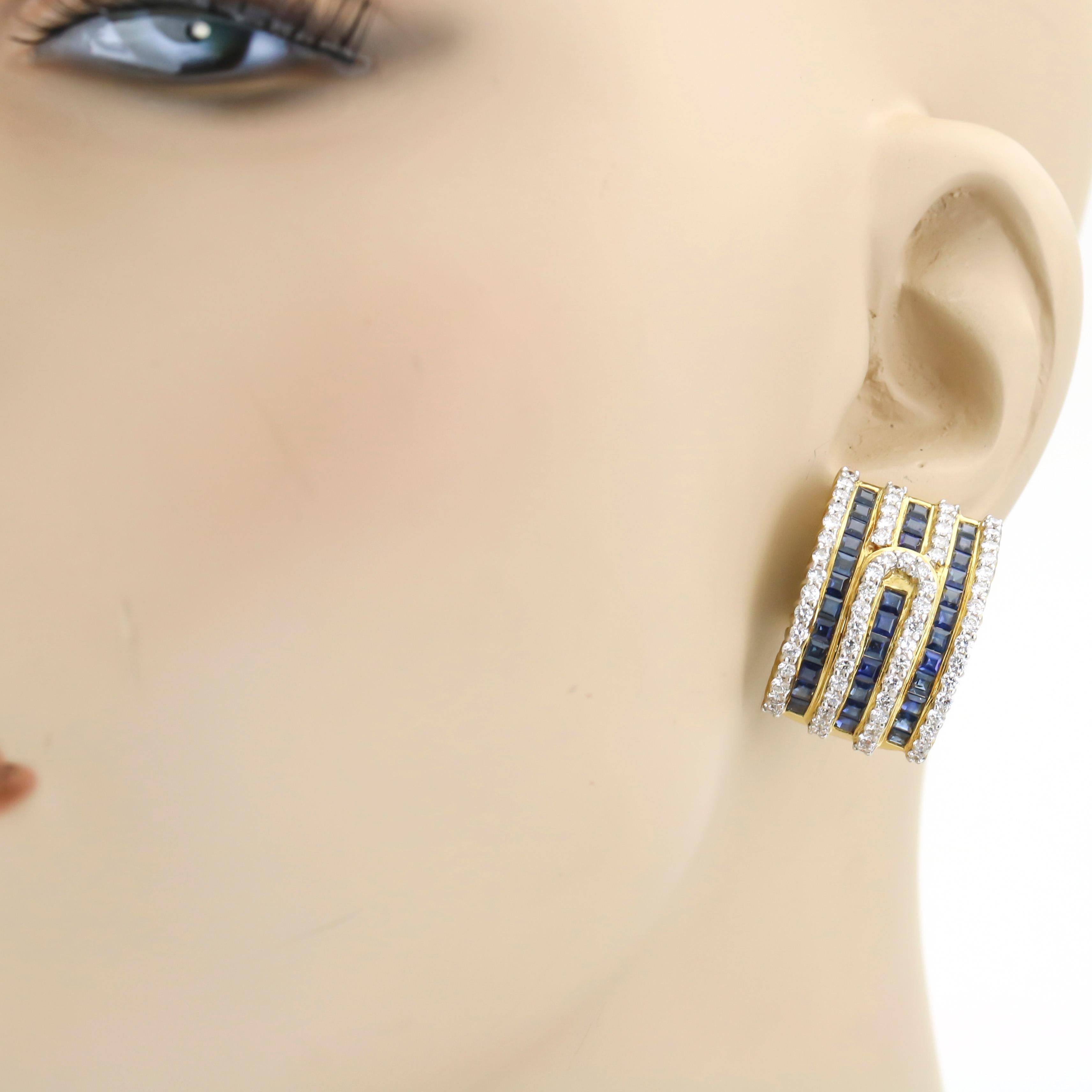 3.60 Carat 18 Karat Gold Diamond Sapphire Half-Hoop Earrings In Good Condition For Sale In Fort Lauderdale, FL