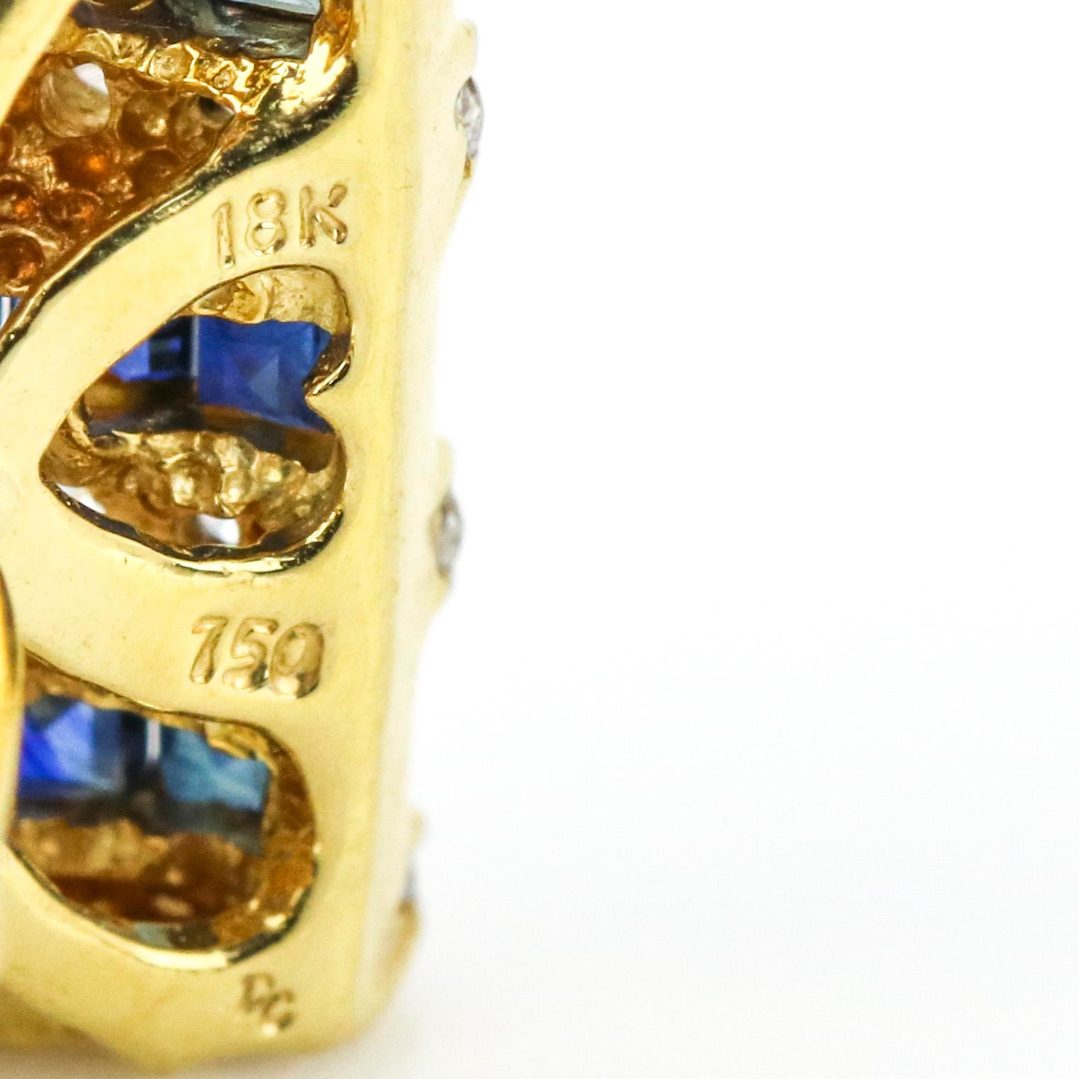 Women's or Men's 3.60 Carat 18 Karat Gold Diamond Sapphire Half-Hoop Earrings For Sale