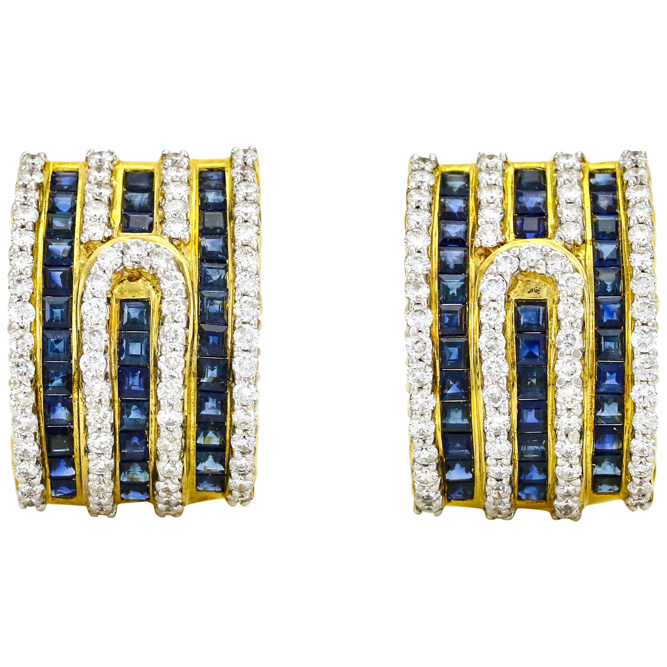 3.60 Carat 18 Karat Gold Diamond Sapphire Half-Hoop Earrings For Sale