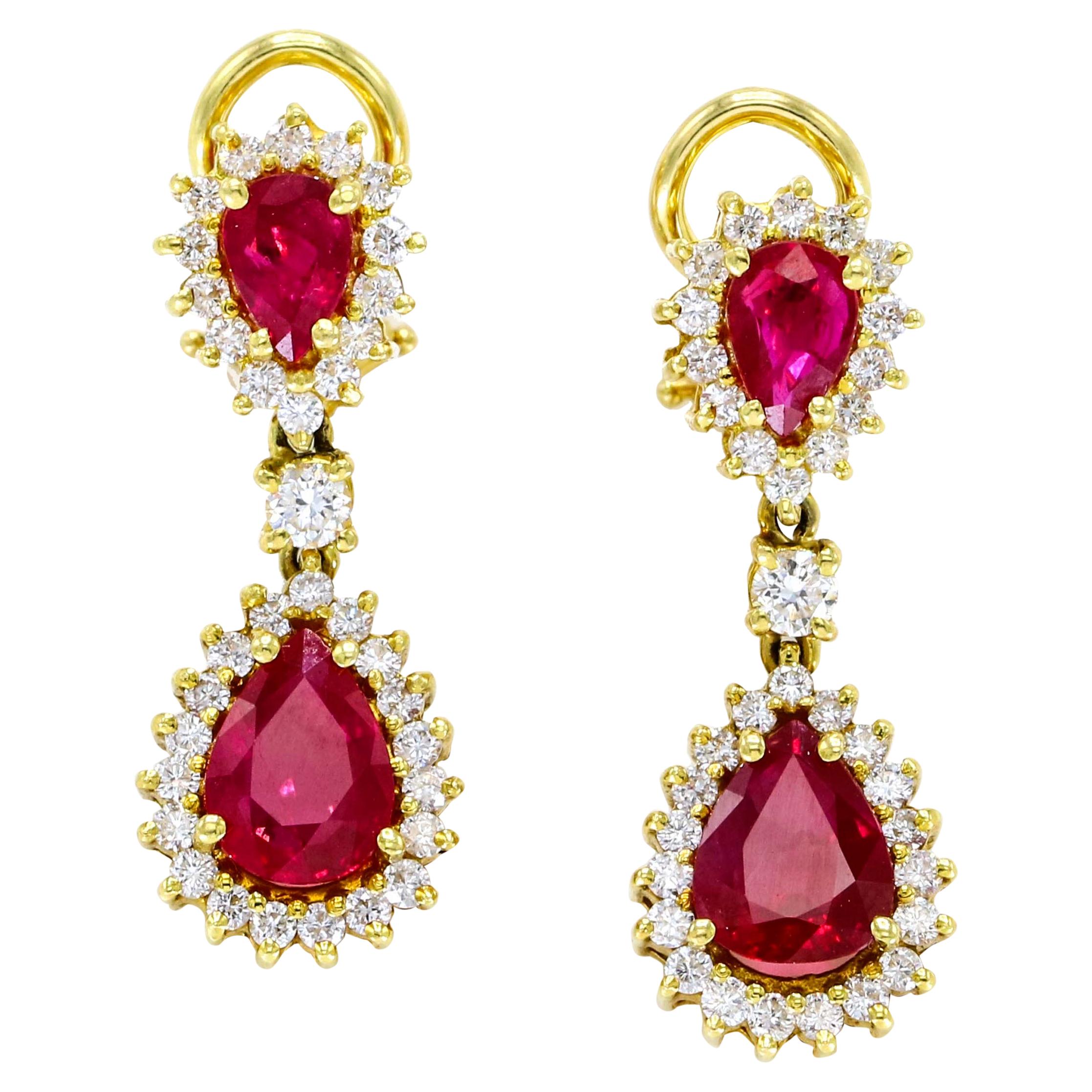 3.60 Carat 18 Karat Yellow Gold Ruby Diamond Drop Dangle Clip-On Earrings For Sale