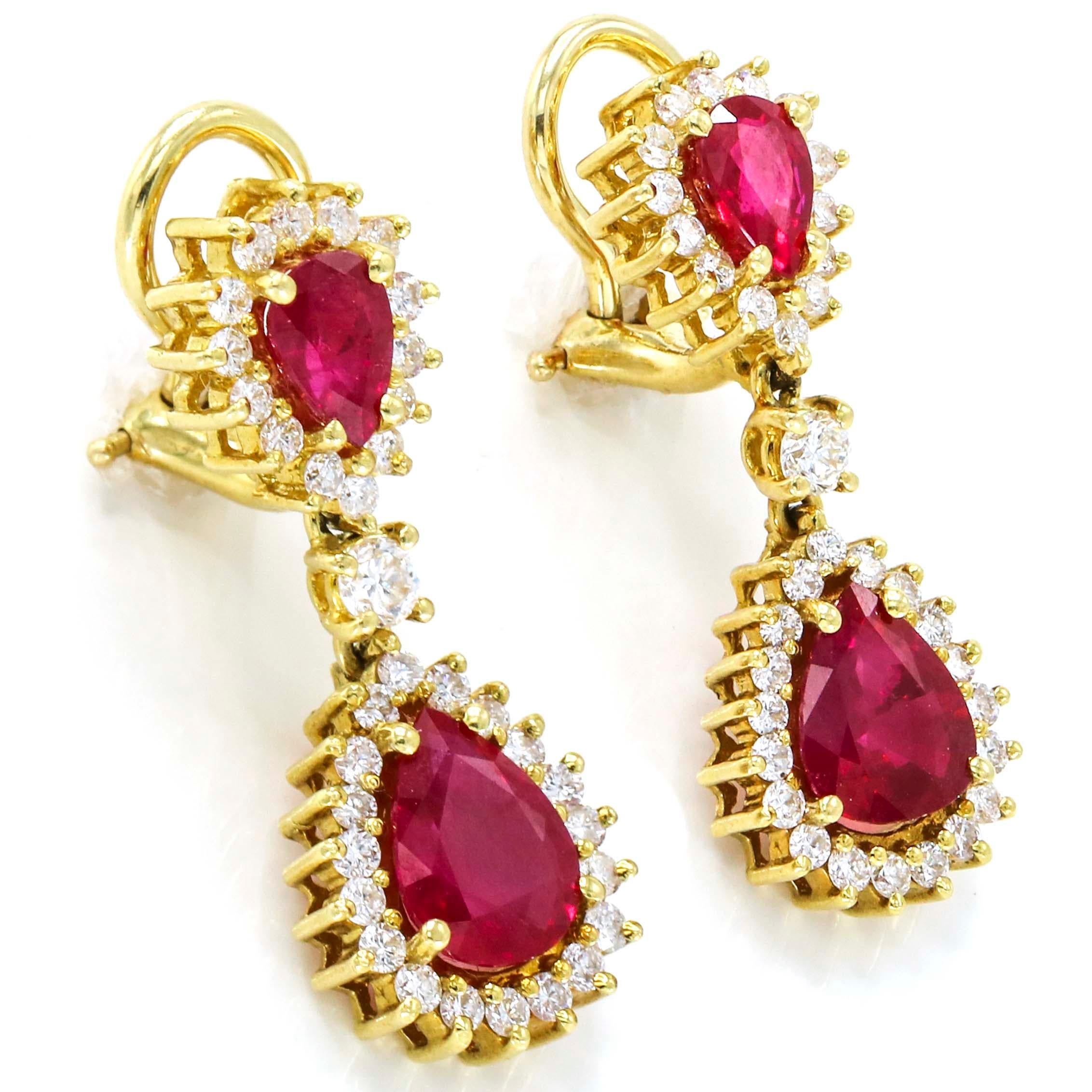 Contemporary 3.60 Carat 18 Karat Yellow Gold Ruby Diamond Drop Dangle Clip-On Earrings For Sale