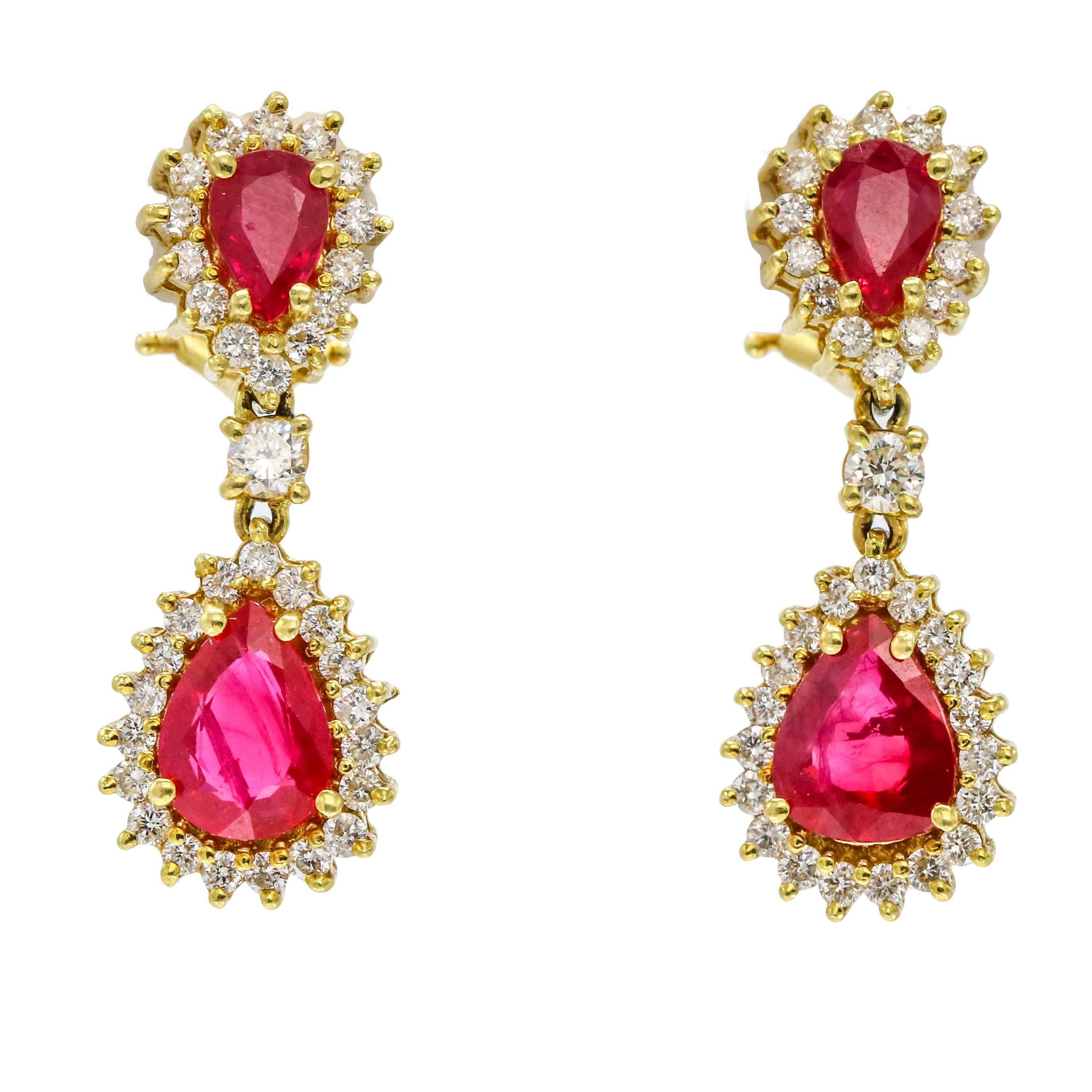 Pear Cut 3.60 Carat 18 Karat Yellow Gold Ruby Diamond Drop Dangle Clip-On Earrings For Sale