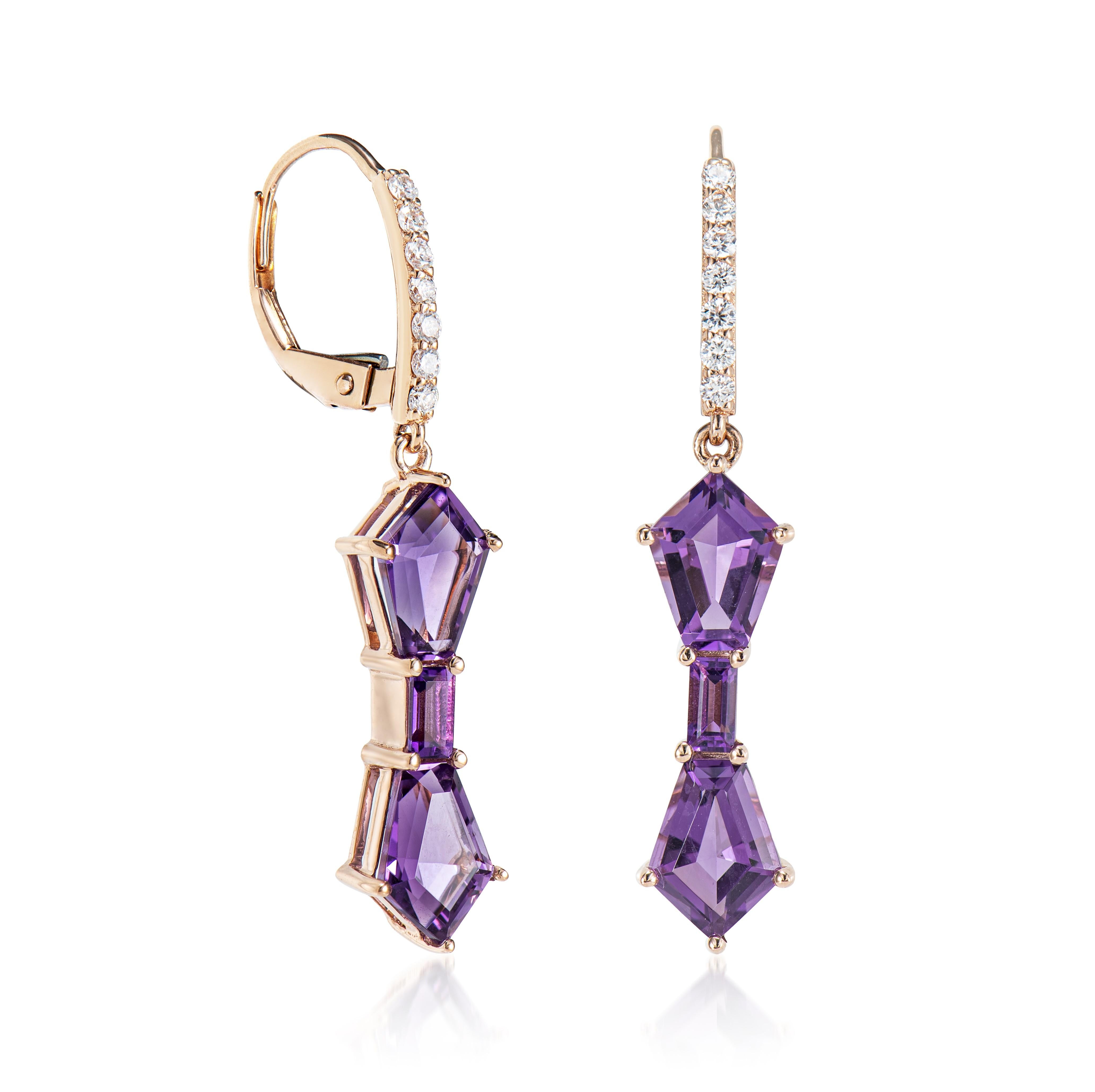 These are Fancy Amethyst Drop Earrings in NIB shape with purple hue. These rose gold drop earrings have a timeless, elegant appearance and can be worn on different occasions.

Amethyst Drop Earrings in 14Karat Rose Gold with White