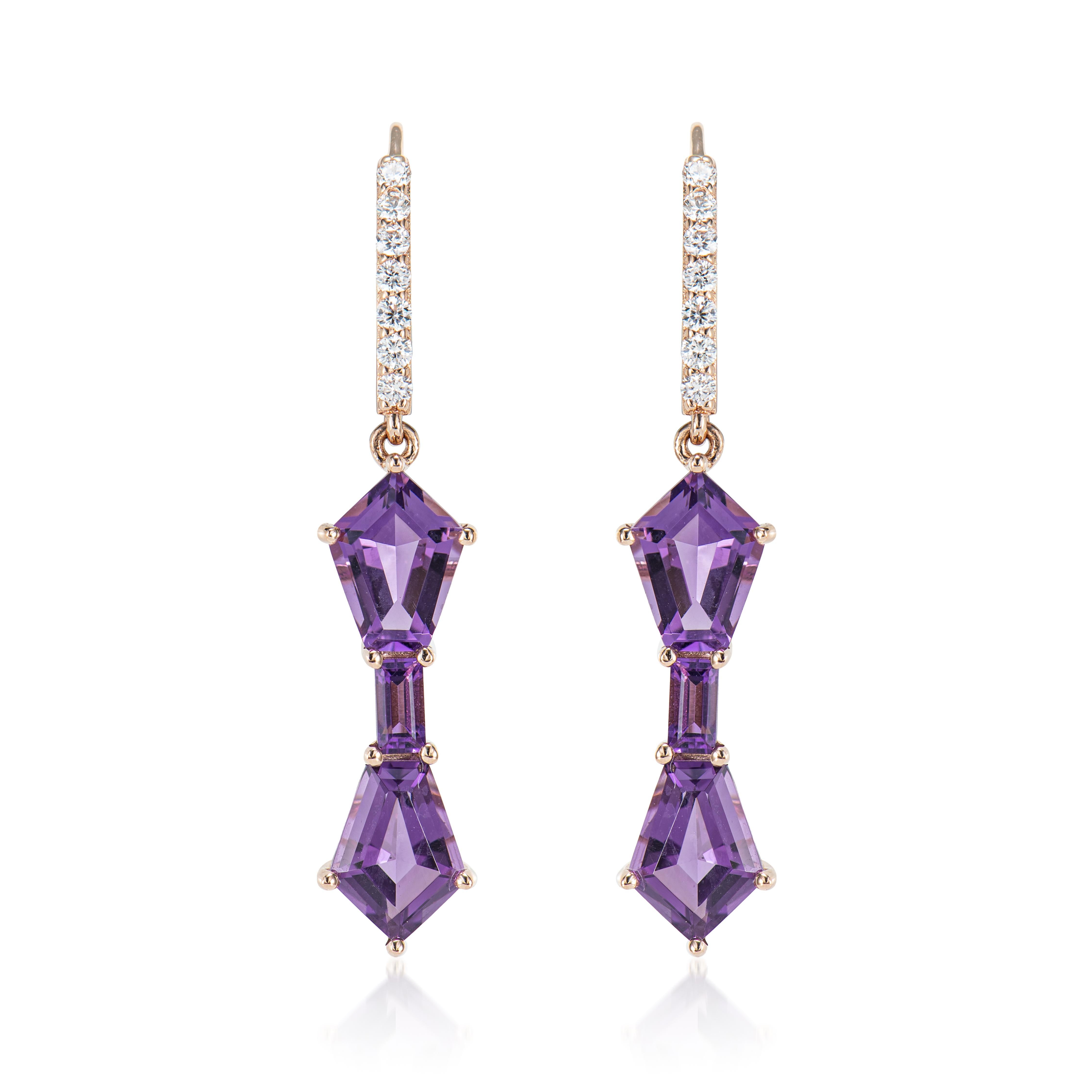 Contemporary 3.60 Carat Amethyst Drop Earrings in 14 Karat Rose Gold with White Diamond. For Sale