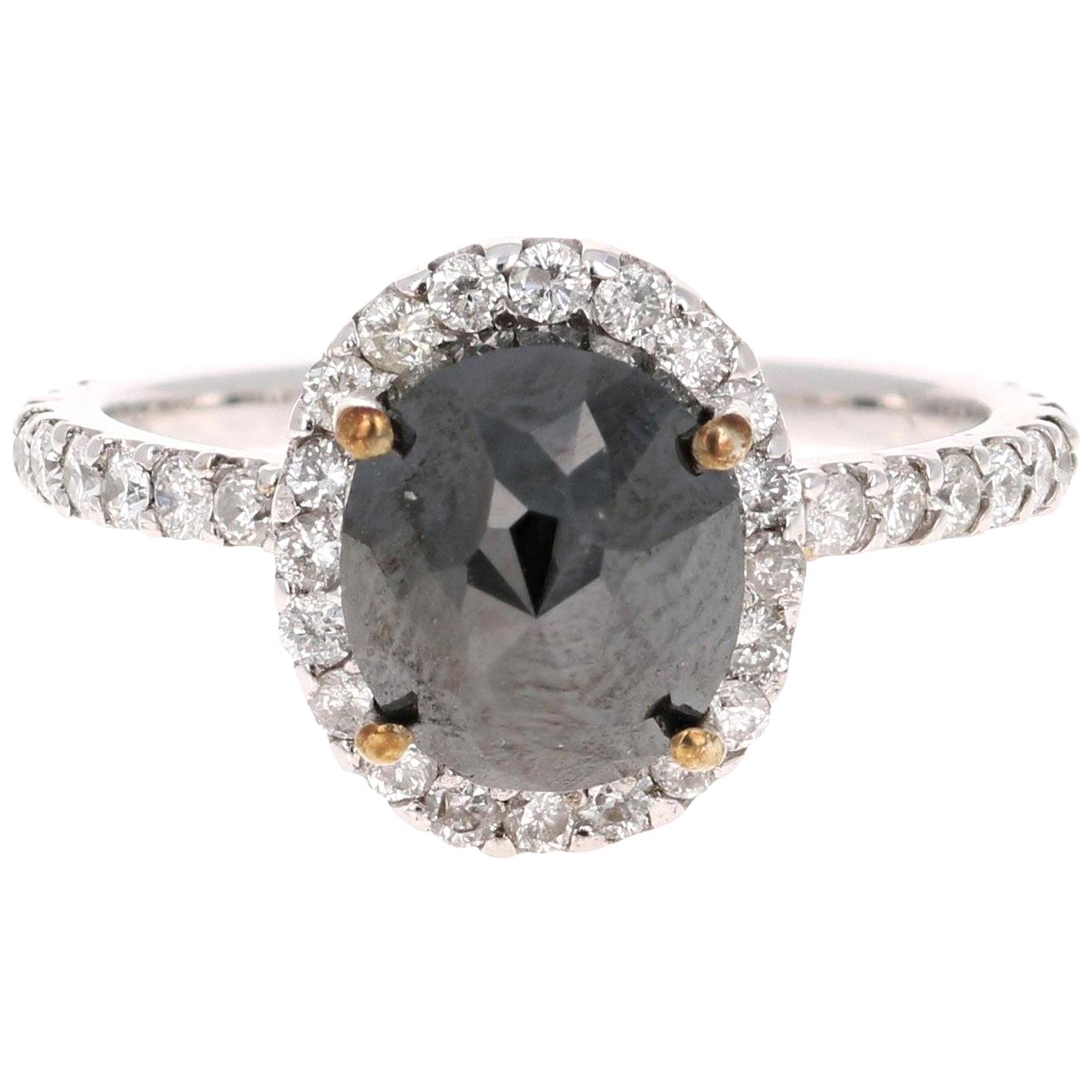3.60 Carat Black Diamond 14 Karat White Gold Halo Engagement Ring For Sale