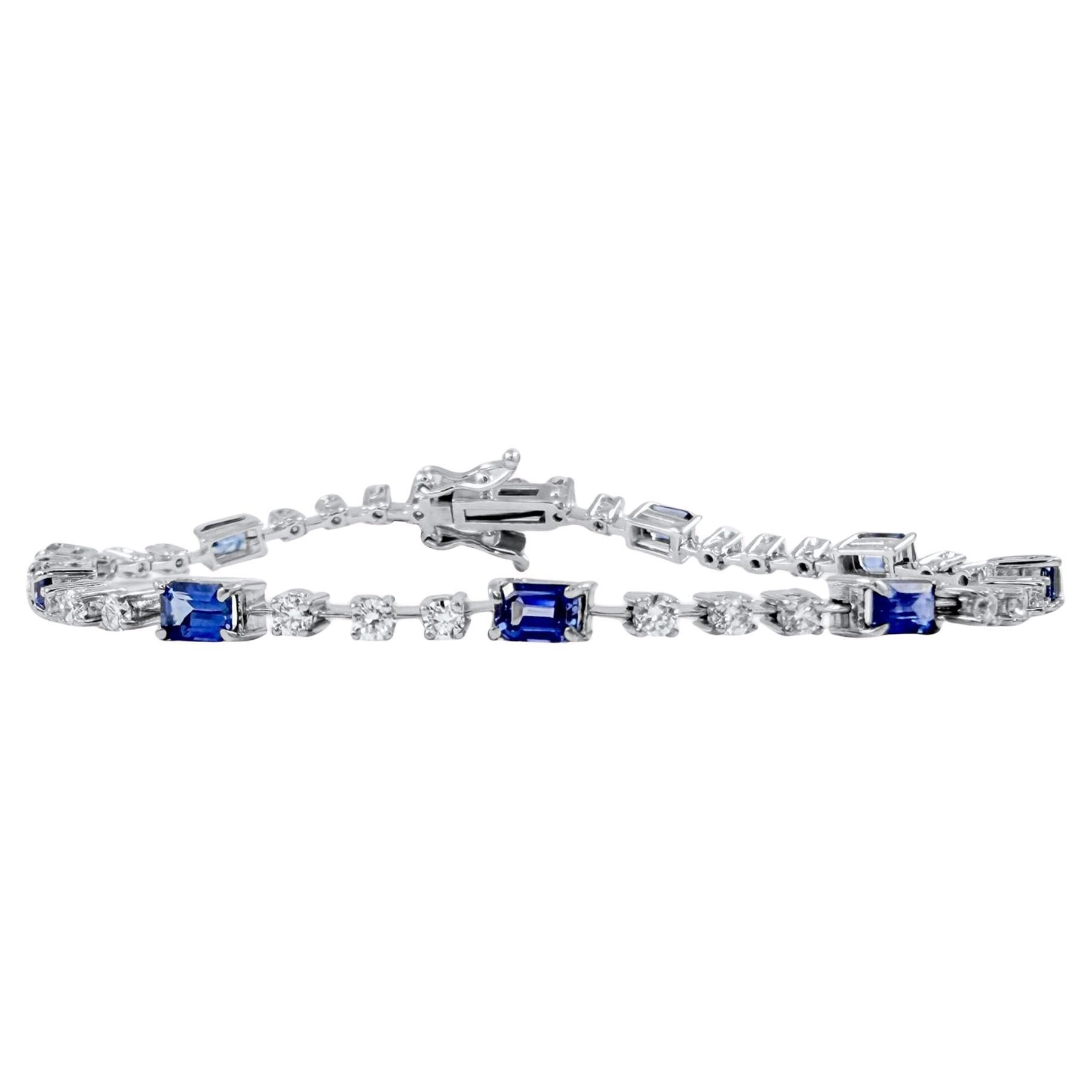 Zafiro azul y diamante de 3,60 quilates Pulsera de tenis de moda en oro blanco de 14 quilates