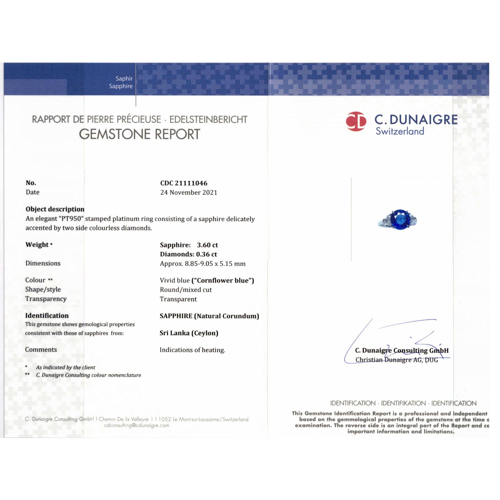 Platin-Cocktailring mit drei Steinen, 3,60 Karat Ceylon Blauer Saphir Diamant Damen
