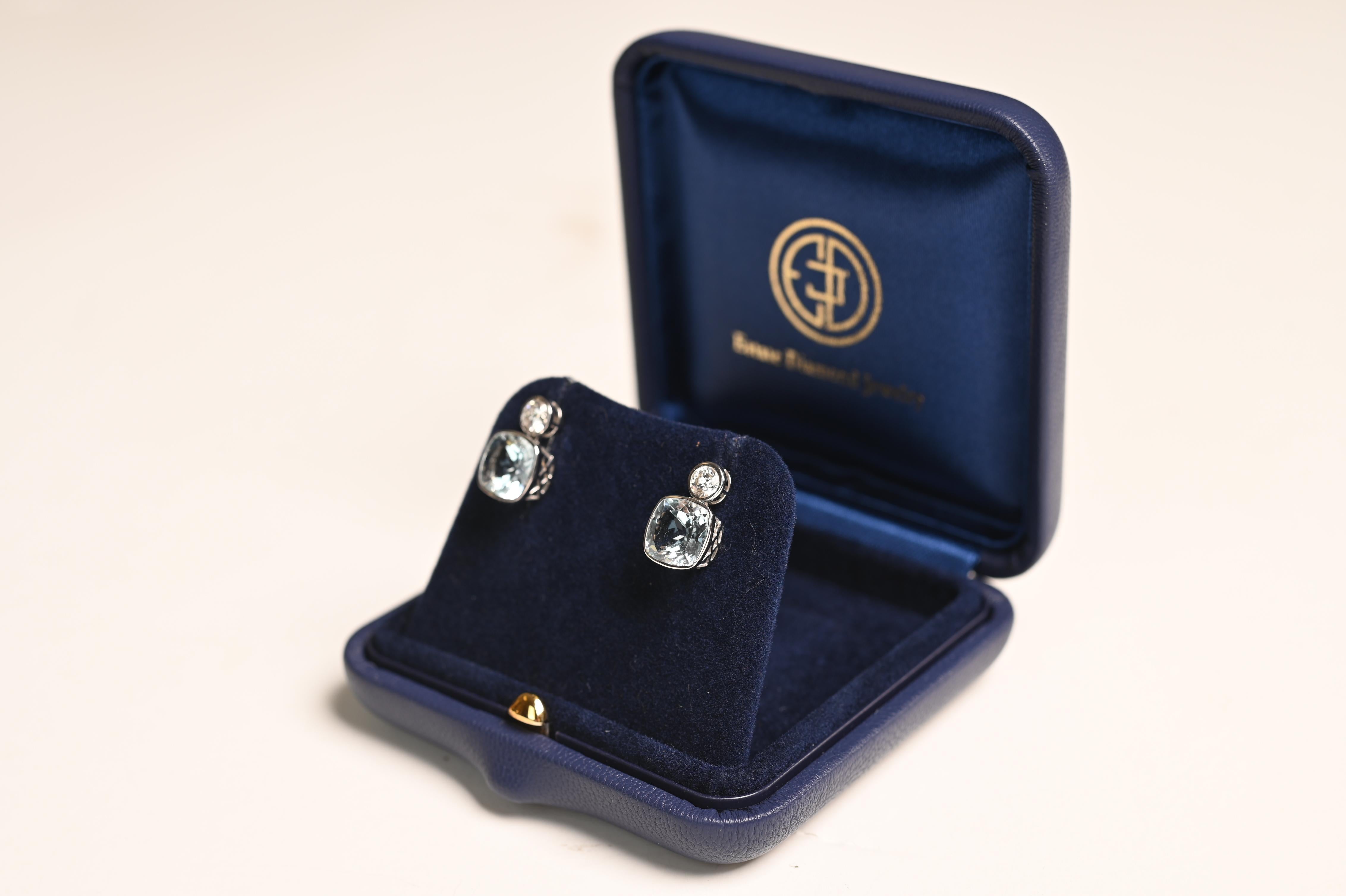 Art Deco Cushion Cut Aquamarines Earrings (Approx 3.6-Carats), 18k White Gold For Sale