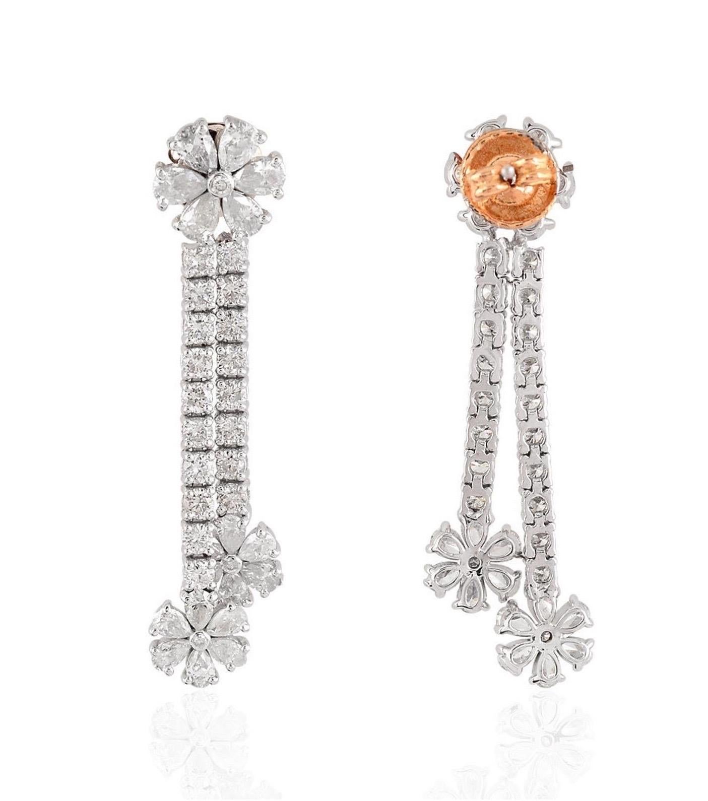 Modern 3.60 Carat Diamond 18 Karat White Gold Floral Chain Earrings For Sale