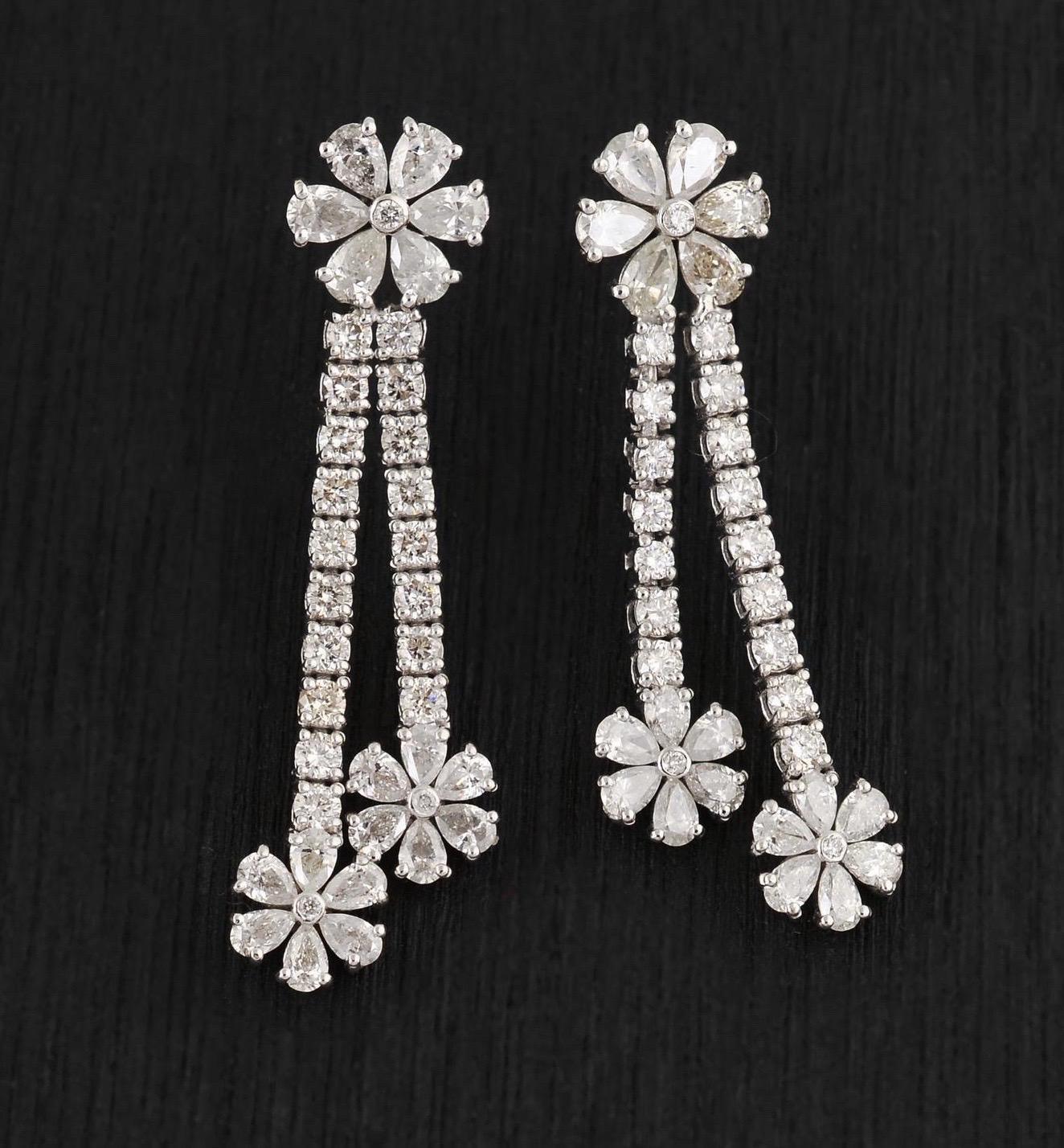 Mixed Cut 3.60 Carat Diamond 18 Karat White Gold Floral Chain Earrings For Sale