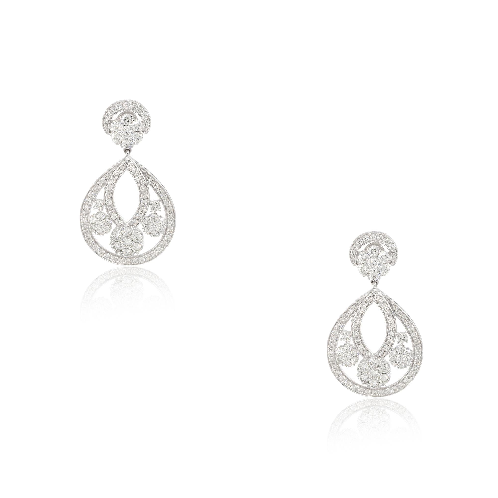 Round Cut 3.60 Carat Diamond Drop Pear Shaped Flower Earrings 14 Karat in Stock For Sale