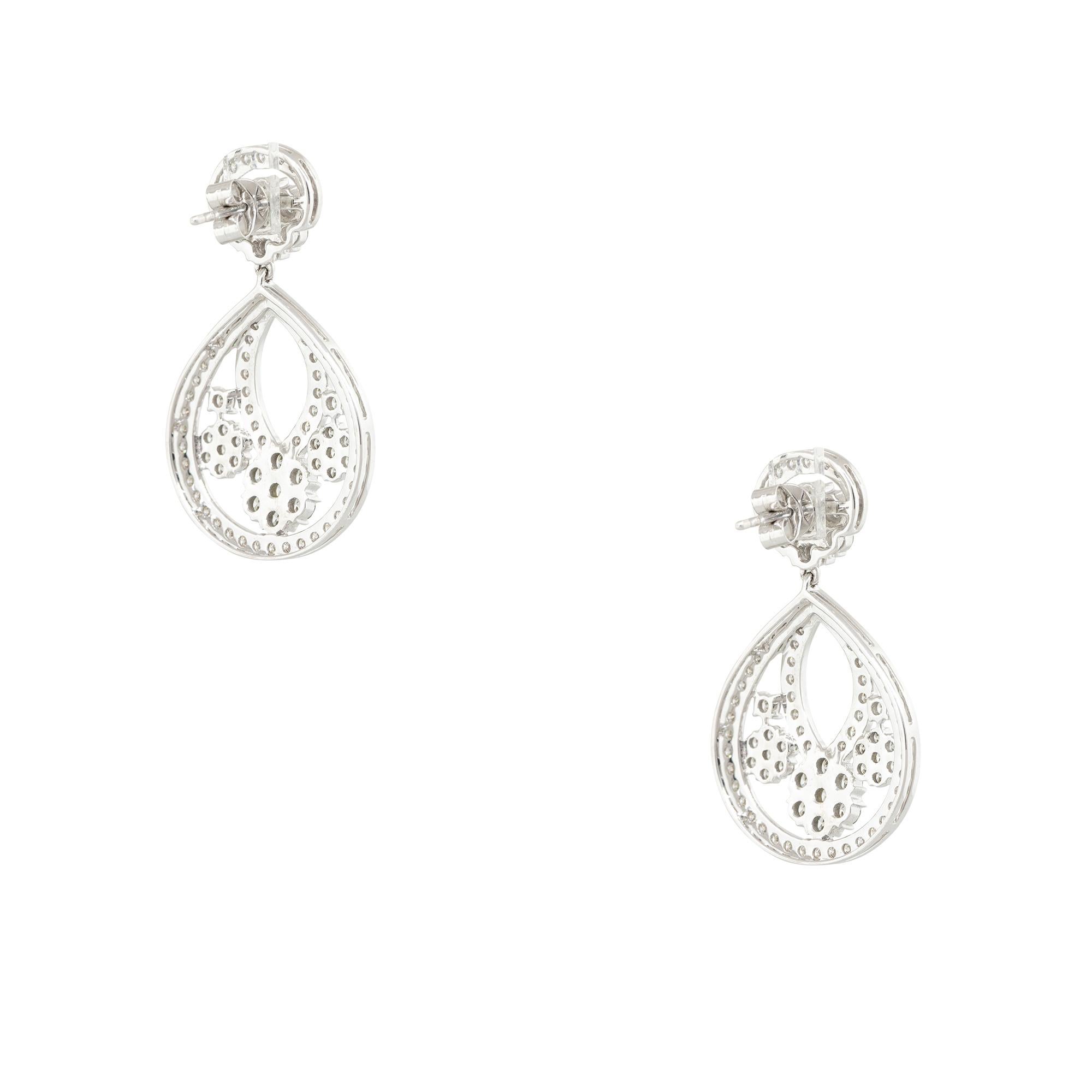 Women's 3.60 Carat Diamond Drop Pear Shaped Flower Earrings 14 Karat in Stock For Sale