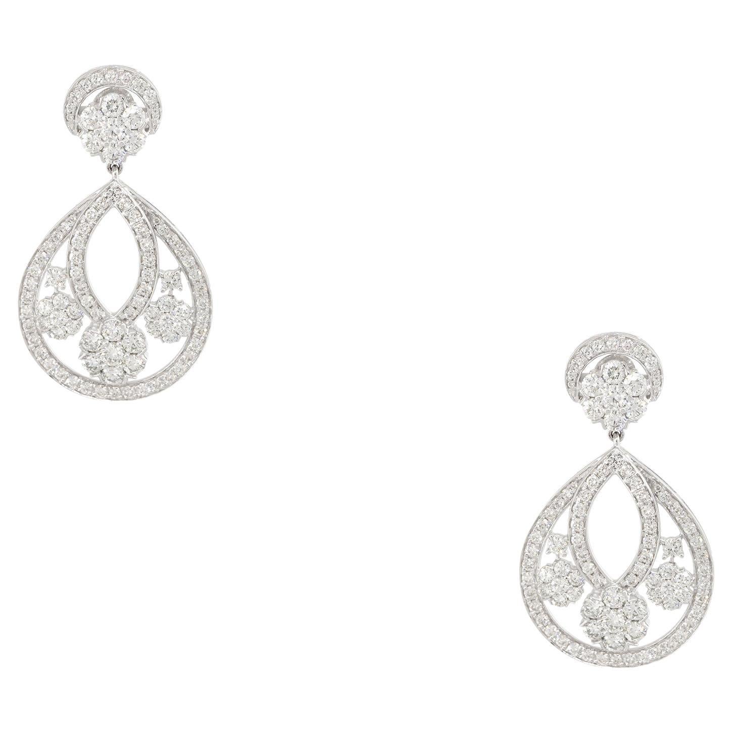 3.60 Carat Diamond Drop Pear Shaped Flower Earrings 14 Karat in Stock For Sale