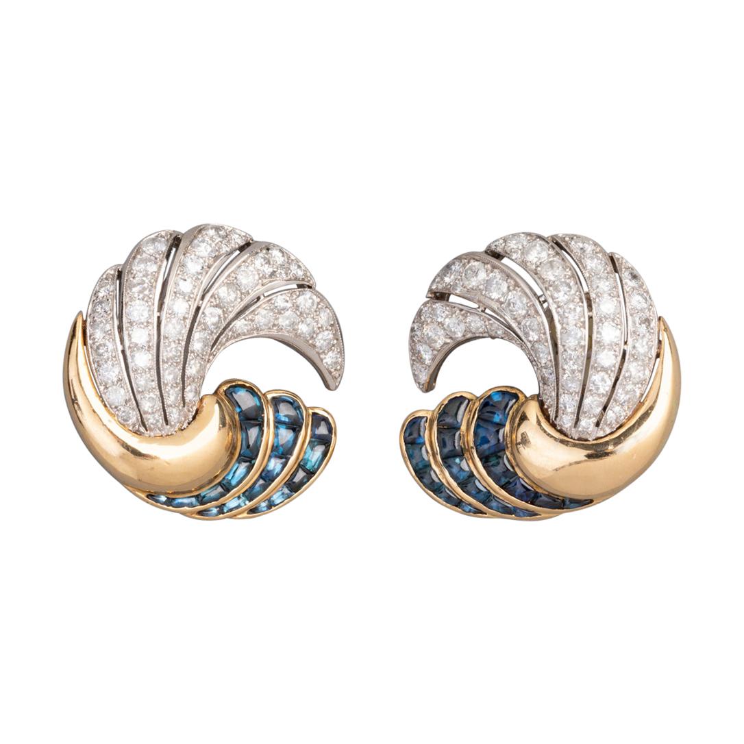 3.60 Carat Diamonds and Sapphires French Art Deco Cocktail Earrings