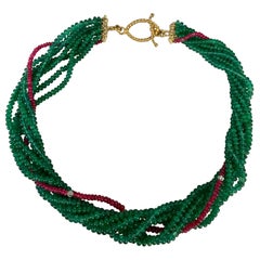 360 Carat Emerald, Burma Ruby and Diamond Beads Necklace 18 Karat Yellow Gold