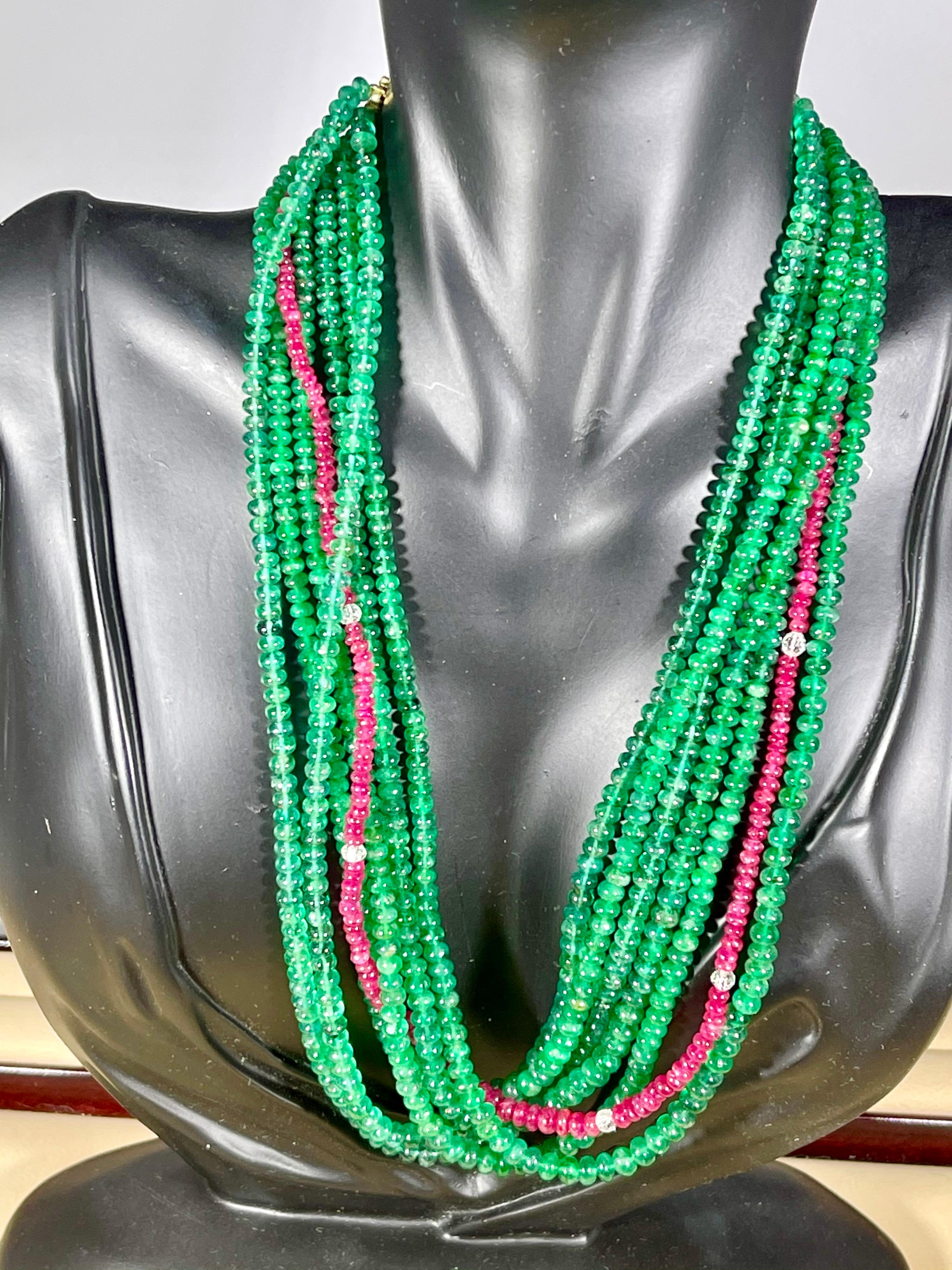 360 Carat Emerald, Burma Ruby and Diamond Beads Necklace 18 Karat Yellow Gold For Sale 7