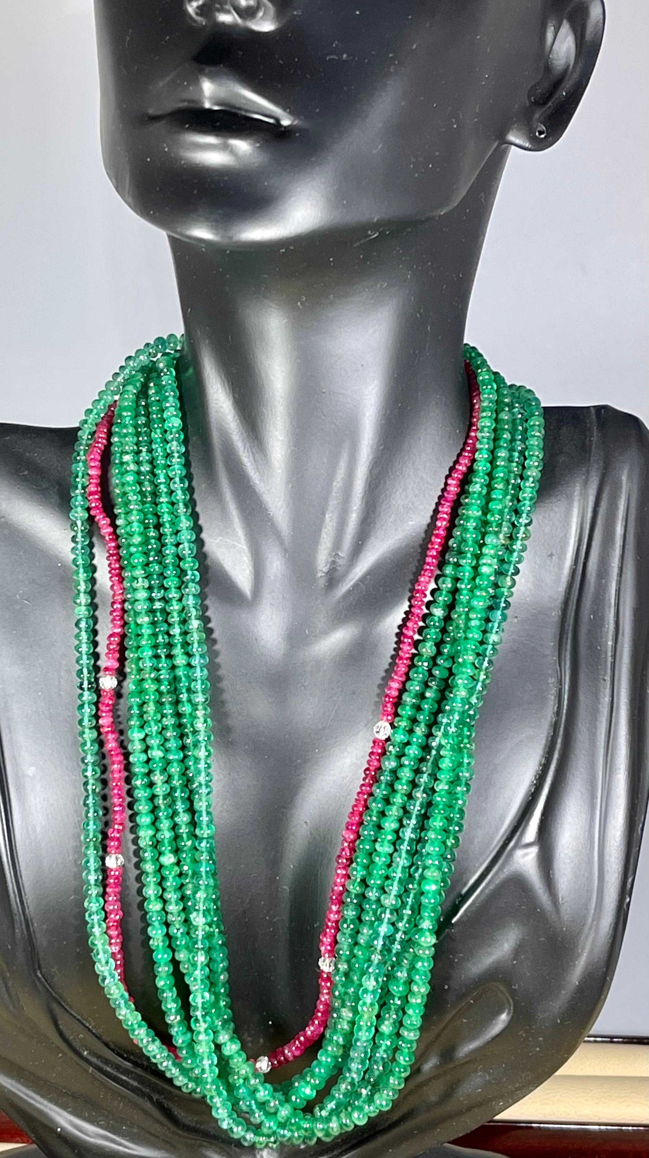 360 Carat Emerald, Burma Ruby and Diamond Beads Necklace 18 Karat Yellow Gold For Sale 8