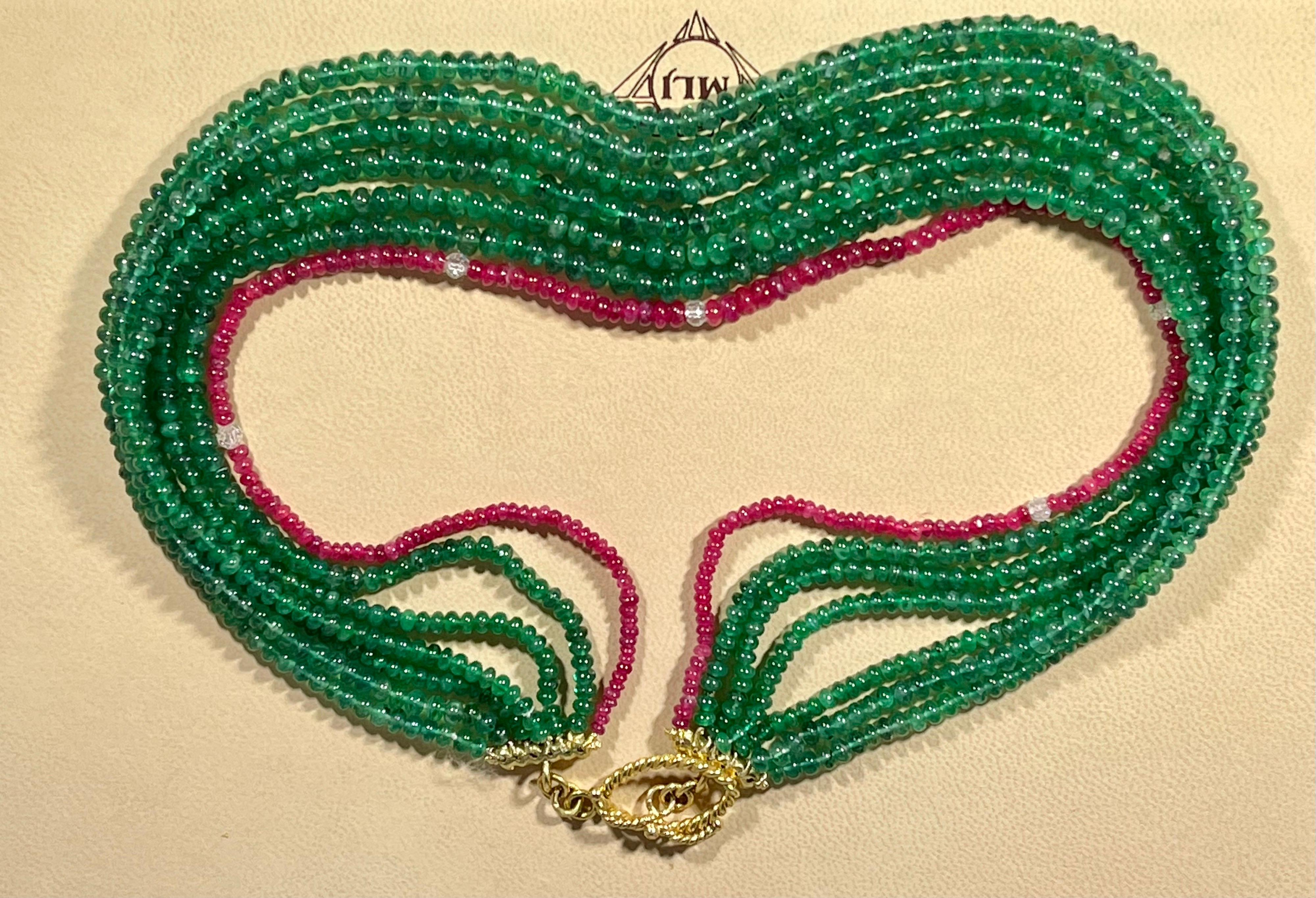 360 Carat Emerald, Burma Ruby and Diamond Beads Necklace 18 Karat Yellow Gold For Sale 9